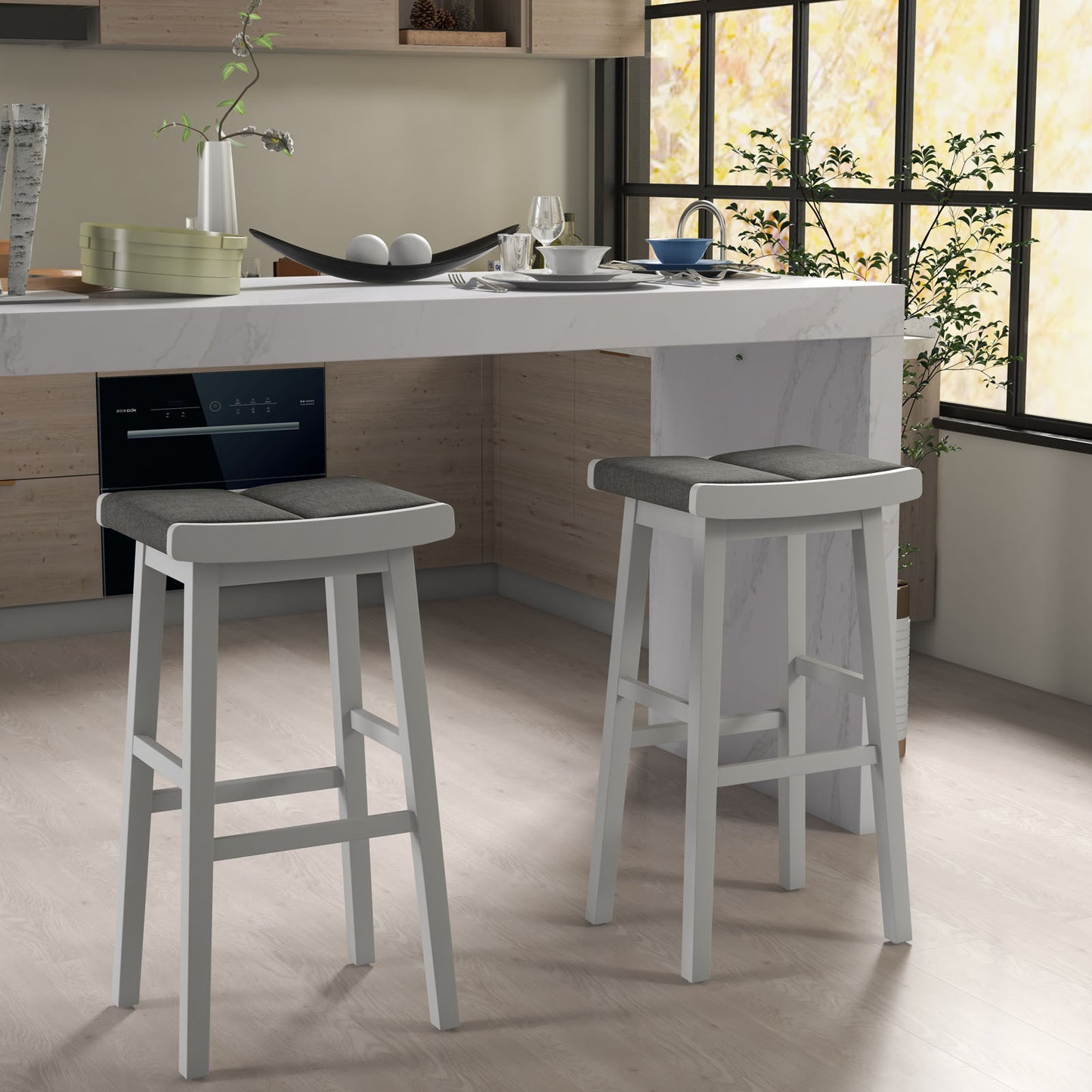 Set of 2 31.5 Inch Counter Height Saddle Bar Stools with Soft Padded Seats and Backless Design