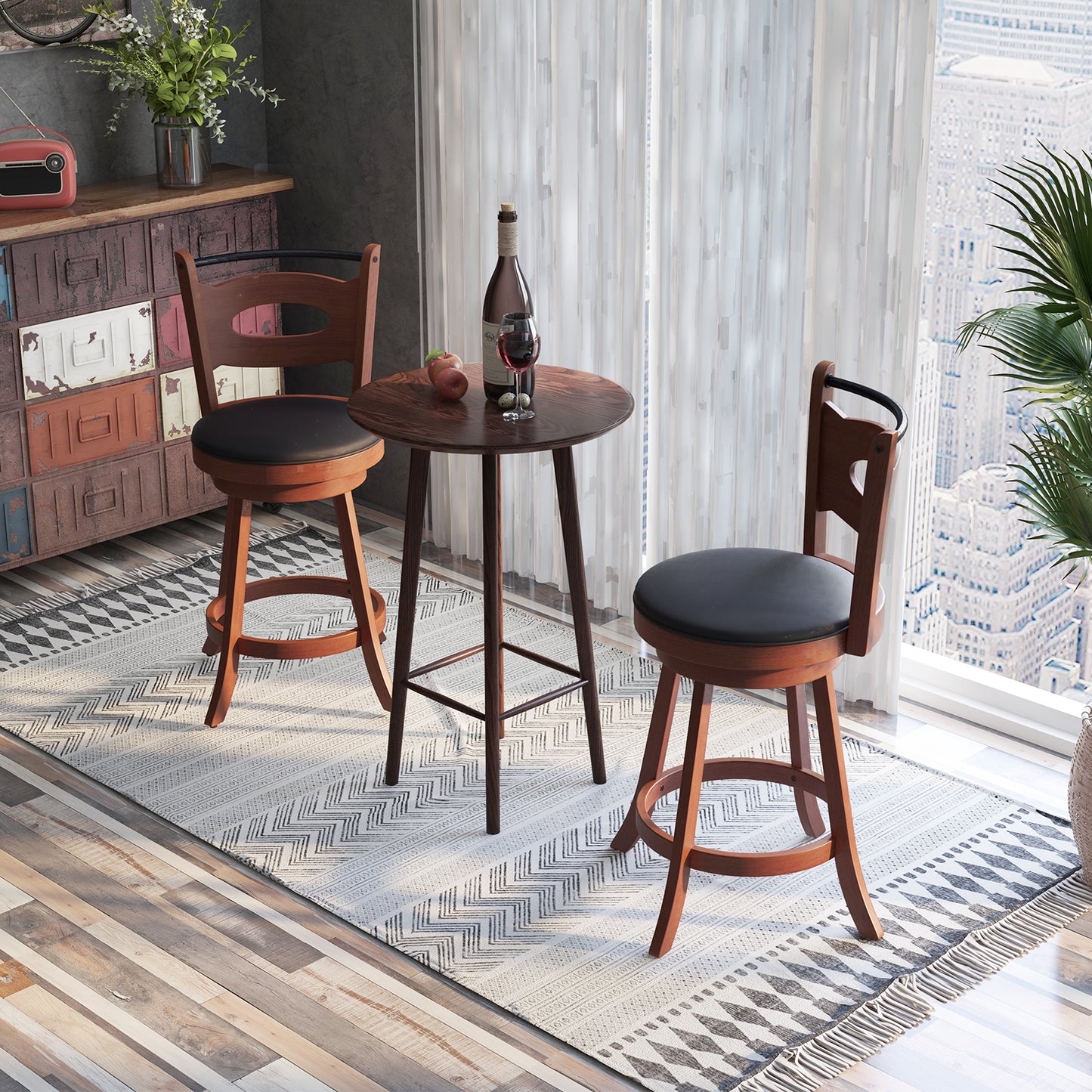 Counter Height Bar Stools Set of 2 with 360° Swivel and Curved Back, 24 Inch Upholstered Seat