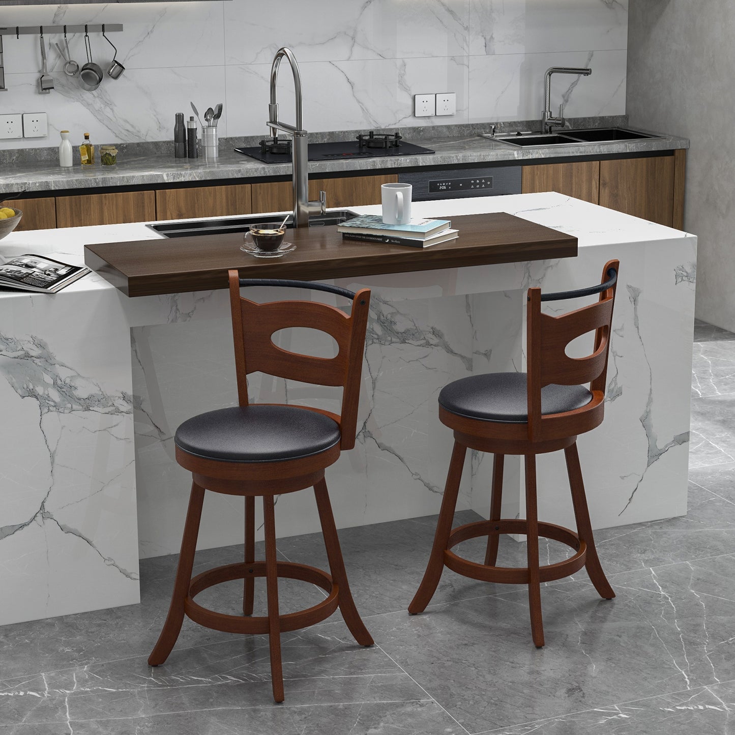 Counter Height Bar Stools Set of 2 with 360° Swivel and Curved Back, 24 Inch Upholstered Seat