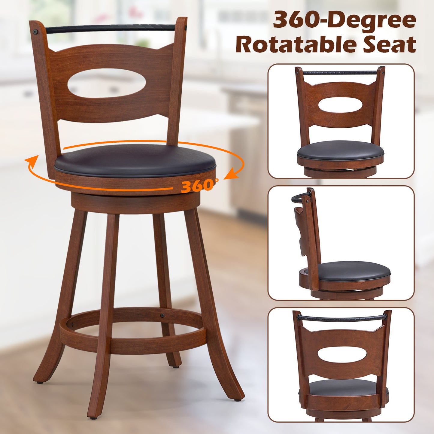 Counter Height Bar Stools Set of 2 with 360° Swivel and Curved Back, 24 Inch Upholstered Seat