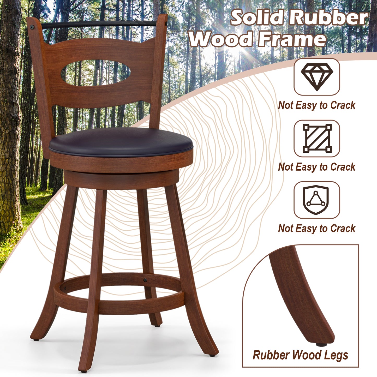 Counter Height Bar Stools Set of 2 with 360° Swivel and Curved Back, 24 Inch Upholstered Seat