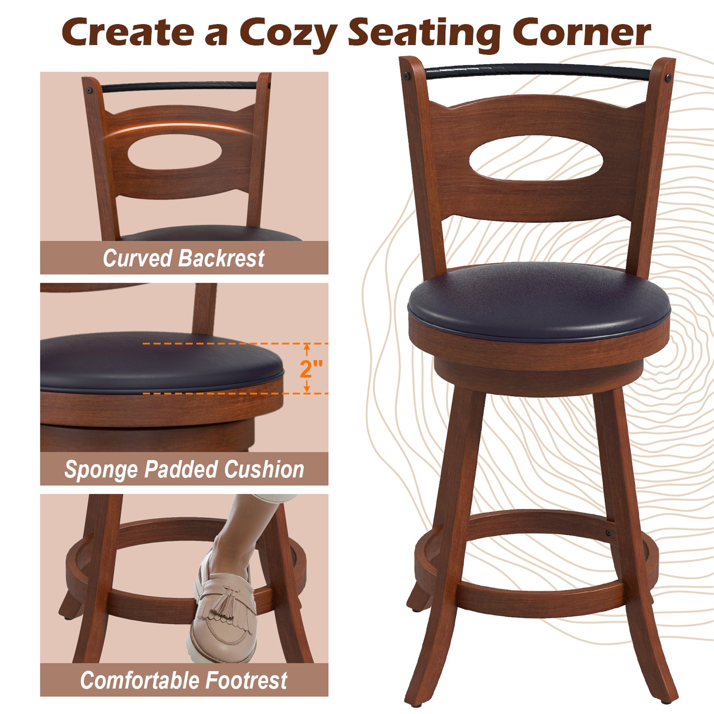 Counter Height Bar Stools Set of 2 with 360° Swivel and Curved Back, 24 Inch Upholstered Seat