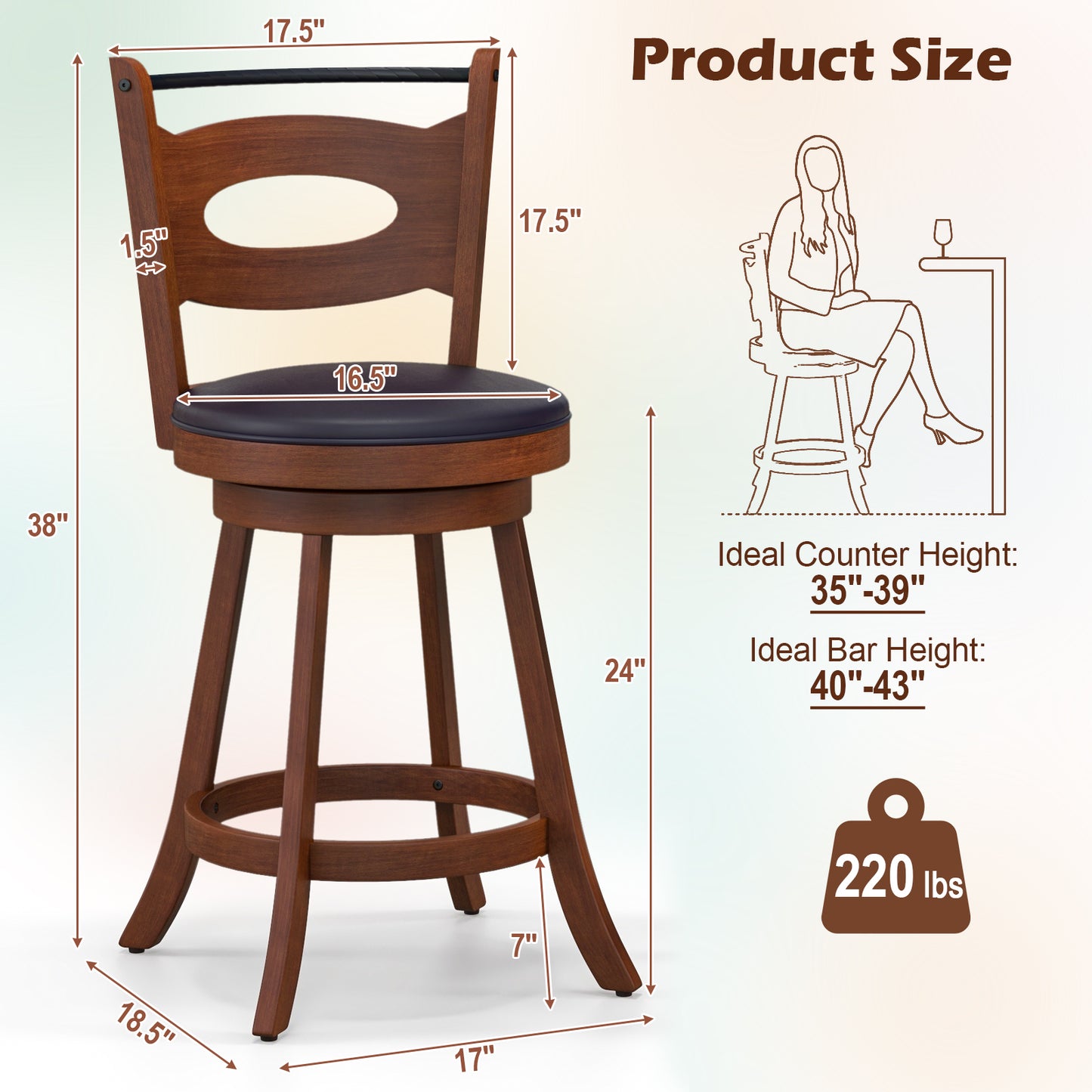 Counter Height Bar Stools Set of 2 with 360° Swivel and Curved Back, 24 Inch Upholstered Seat