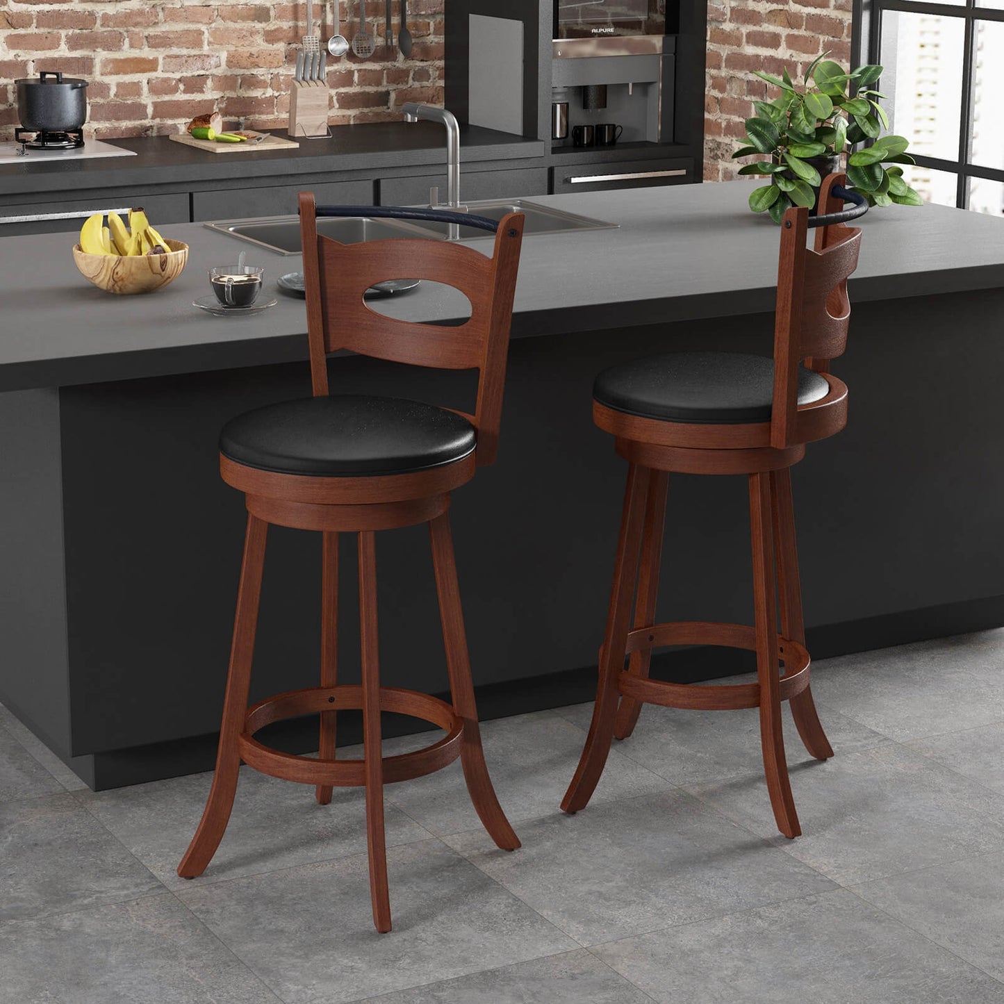 Counter Height Bar Stools Set of 2 with 360° Swivel and Curved Back, 29 Inch Upholstered Seat