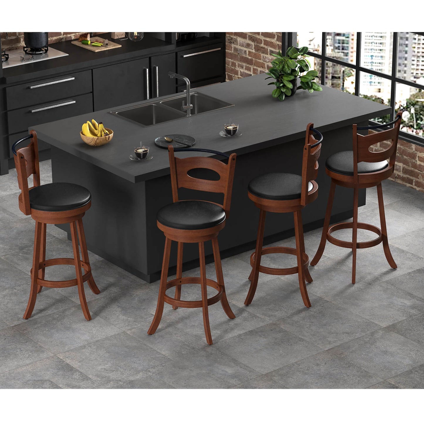Counter Height Bar Stools Set of 2 with 360° Swivel and Curved Back, 29 Inch Upholstered Seat