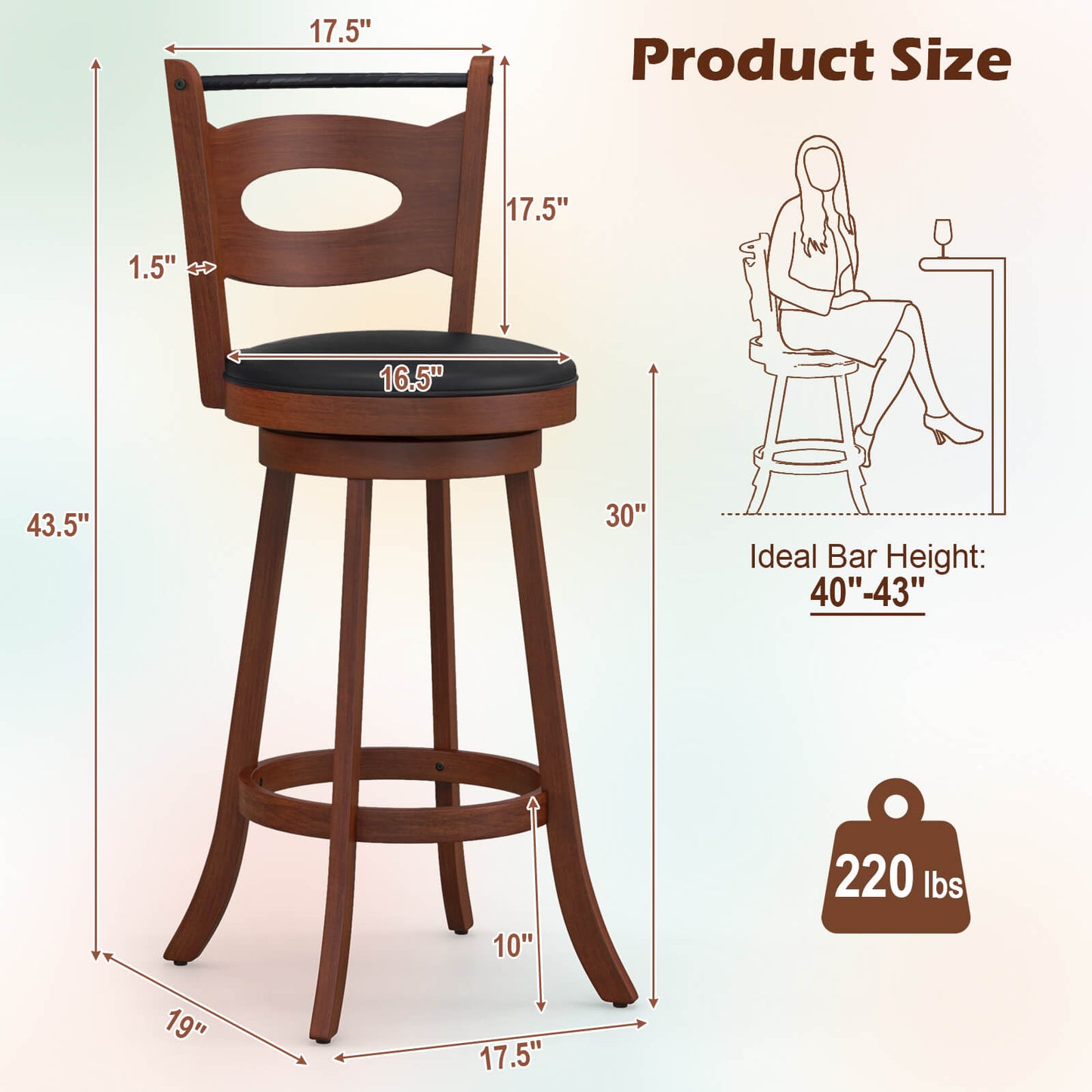 Counter Height Bar Stools Set of 2 with 360° Swivel and Curved Back, 29 Inch Upholstered Seat