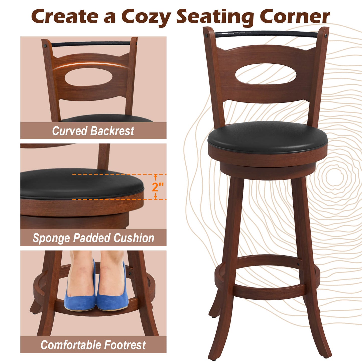 Counter Height Bar Stools Set of 2 with 360° Swivel and Curved Back, 29 Inch Upholstered Seat