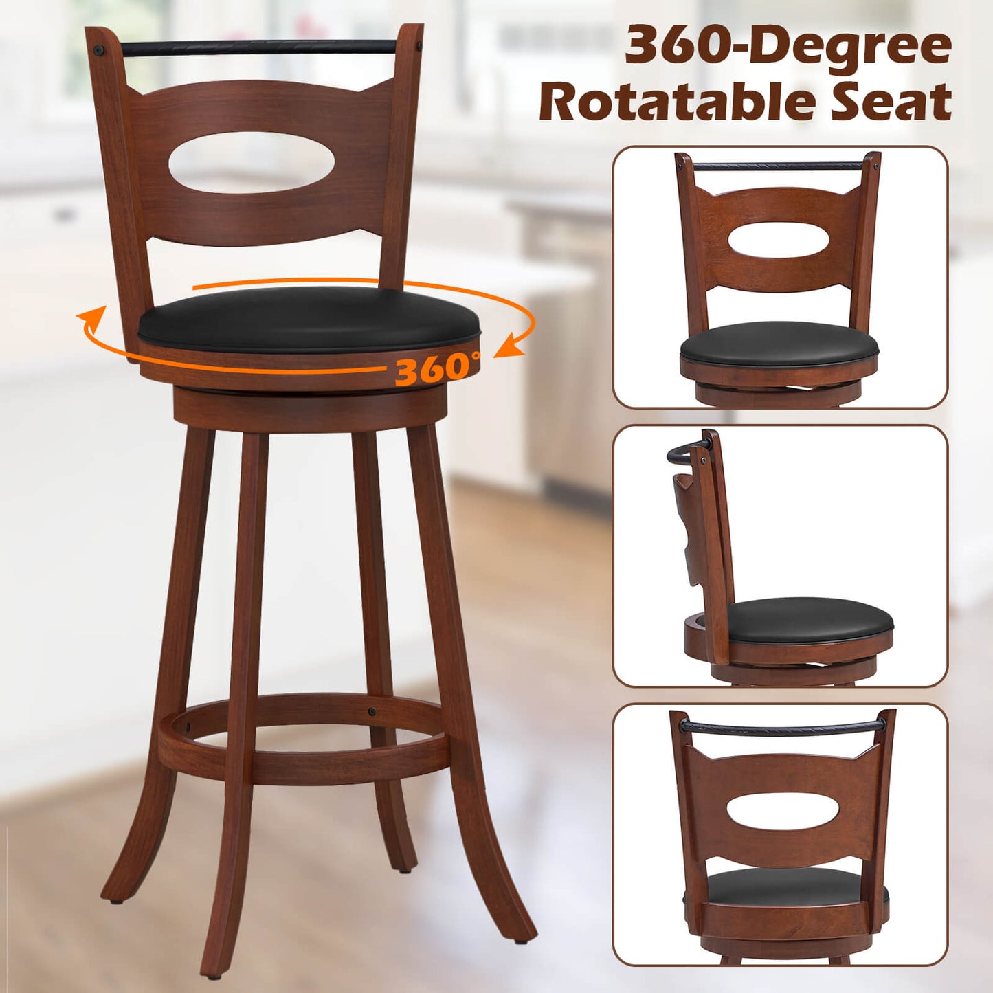 Counter Height Bar Stools Set of 2 with 360° Swivel and Curved Back, 29 Inch Upholstered Seat