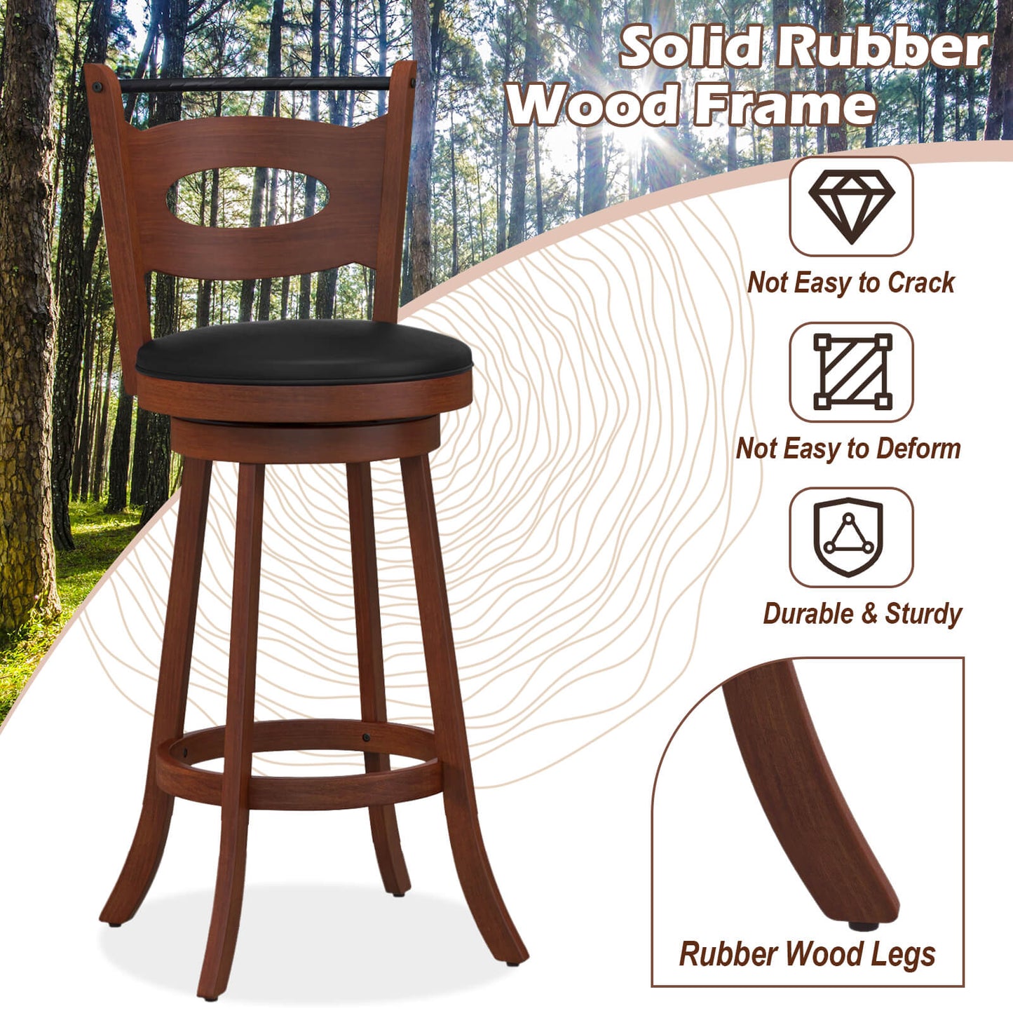 Counter Height Bar Stools Set of 2 with 360° Swivel and Curved Back, 29 Inch Upholstered Seat