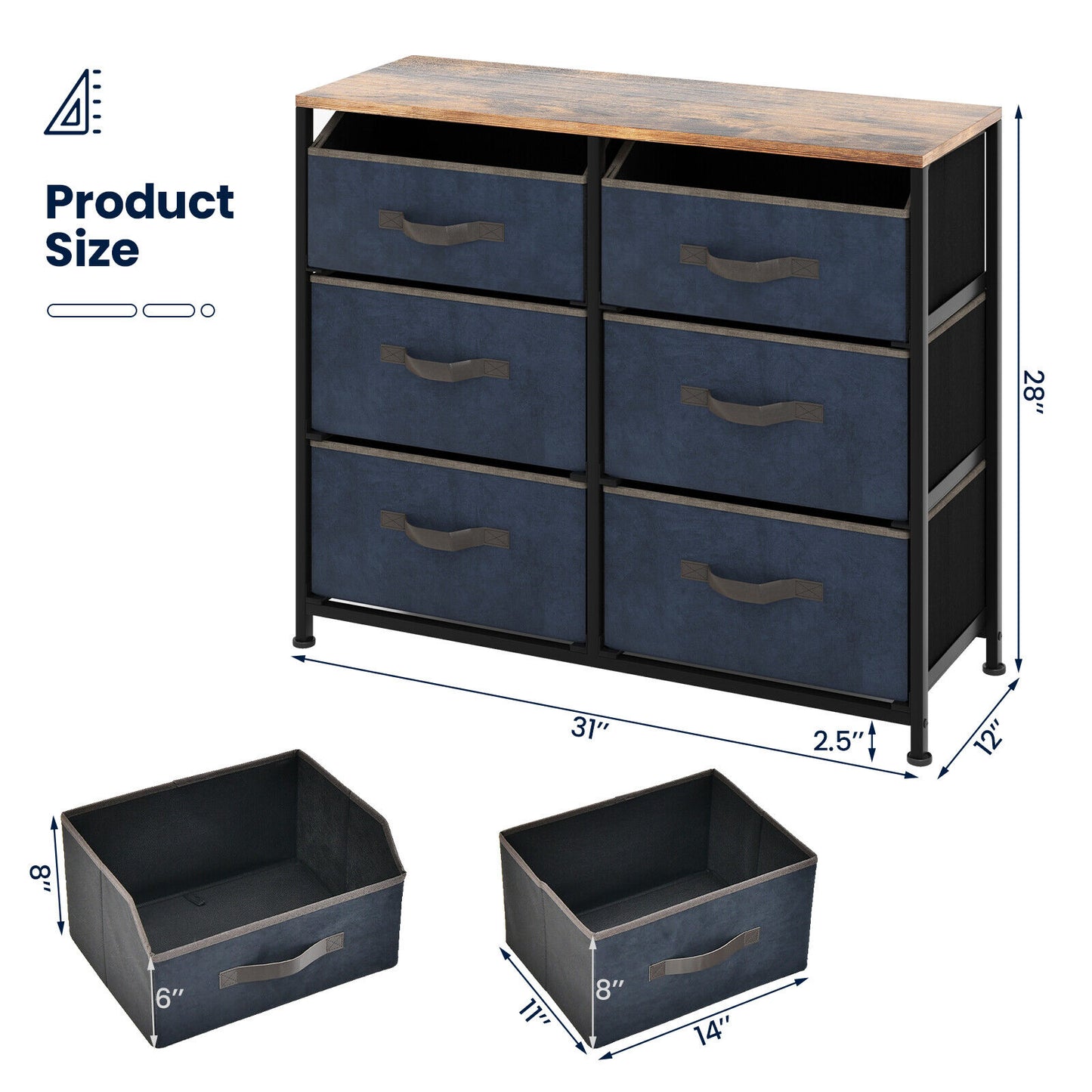6 Drawer Fabric Dresser with Wide Top and Metal Frame, Rustic Storage Organizer with Anti-Tip Safety for Bedroom or Living Room