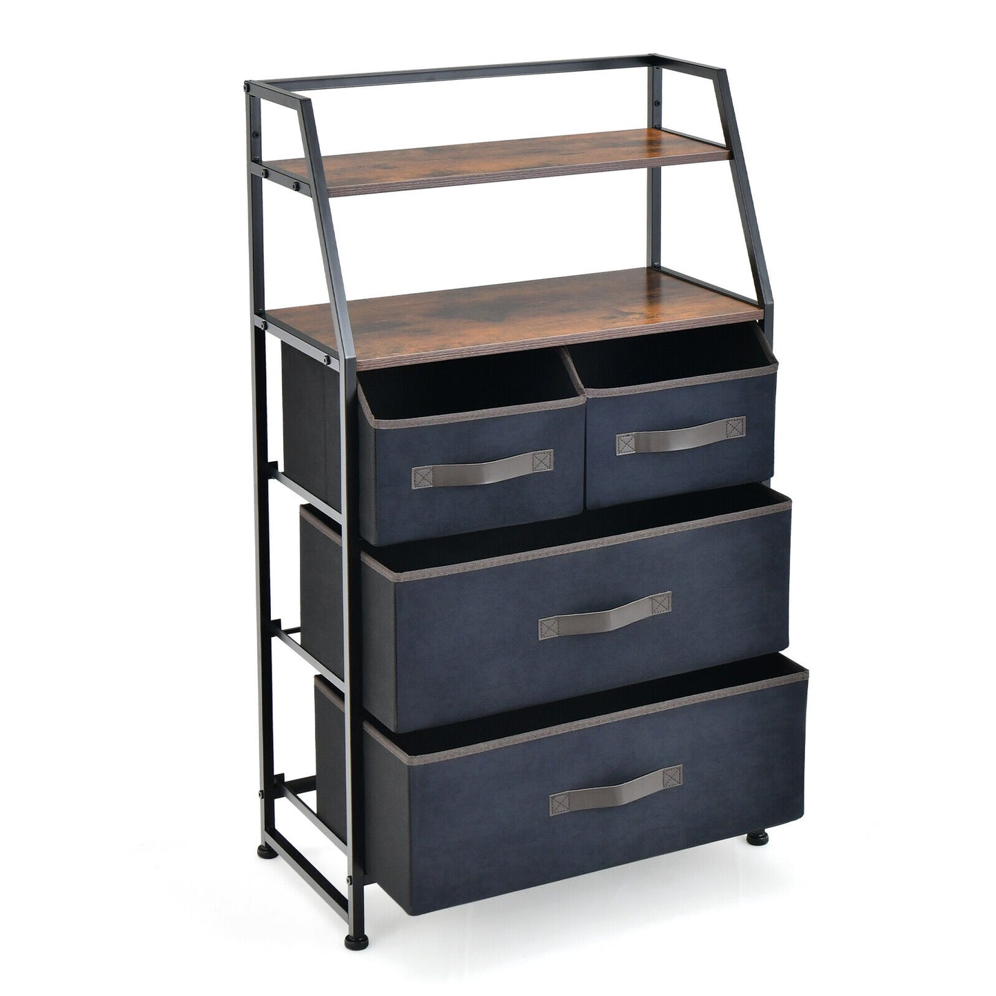 4 Drawer Fabric Dresser with Open Shelves, Rustic Storage Tower for Home