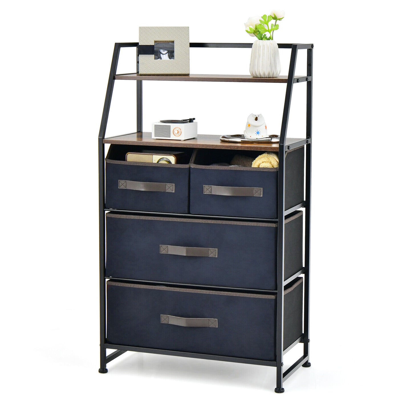 4 Drawer Fabric Dresser with Open Shelves, Rustic Storage Tower for Home