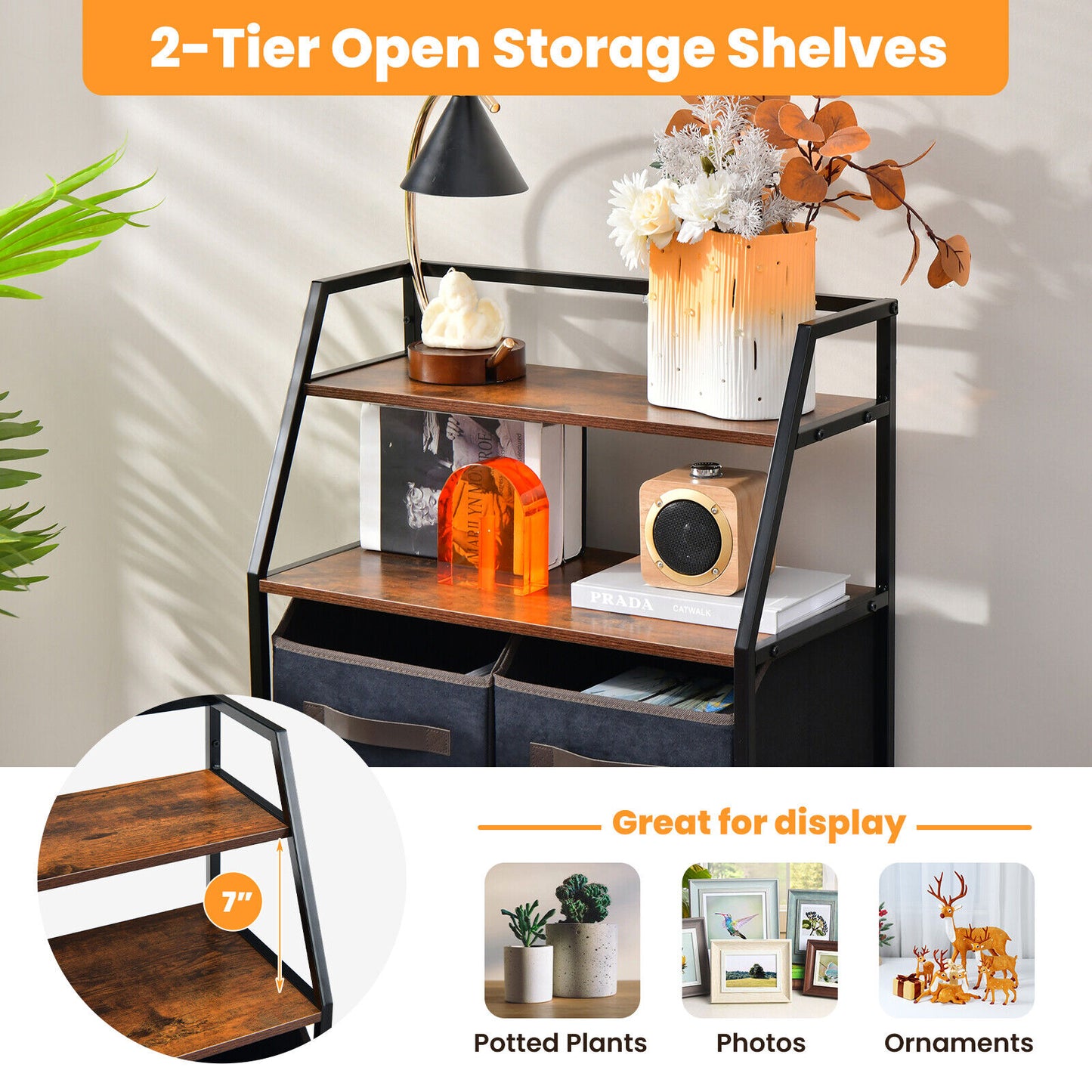 4 Drawer Fabric Dresser with Open Shelves, Rustic Storage Tower for Home