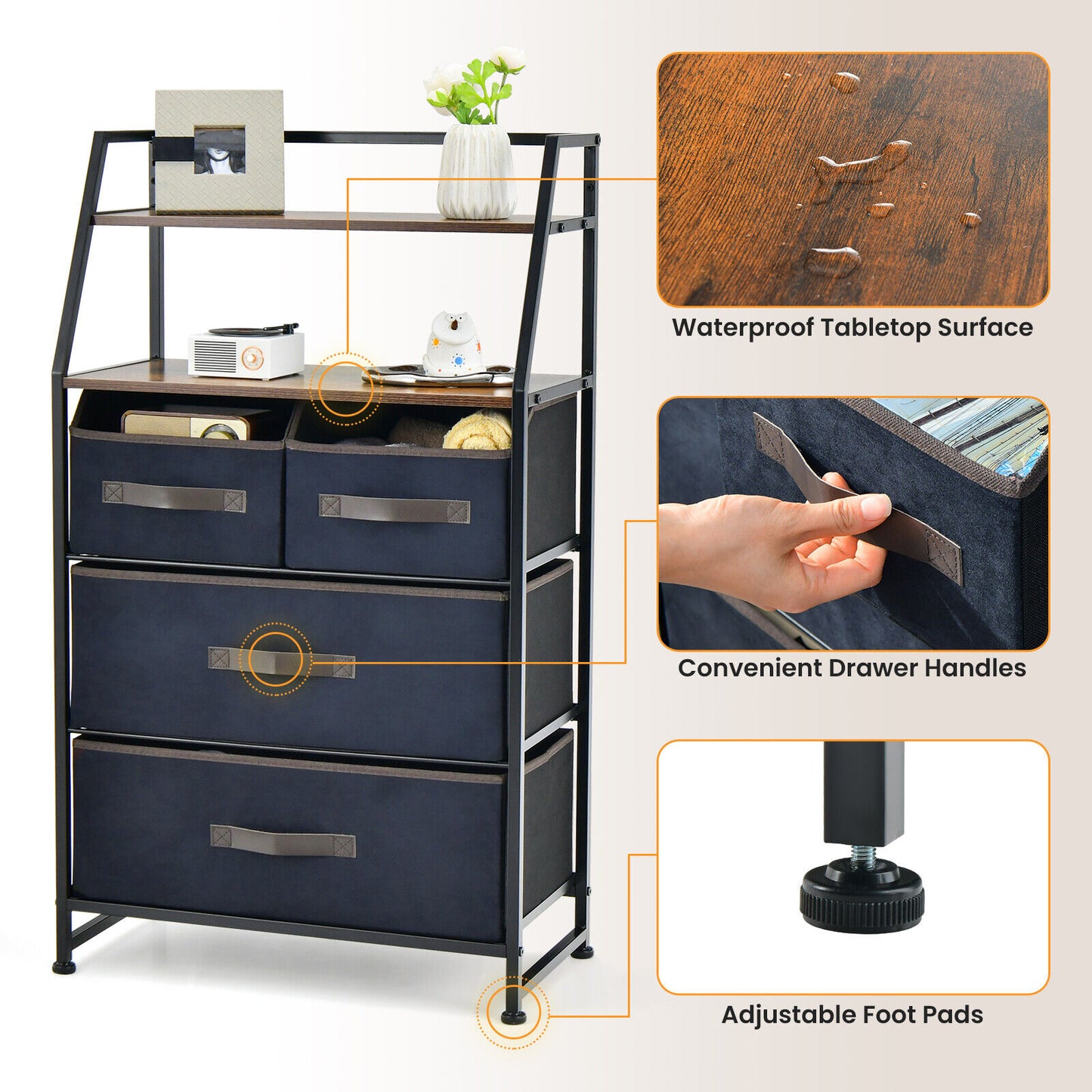 4 Drawer Fabric Dresser with Open Shelves, Rustic Storage Tower for Home