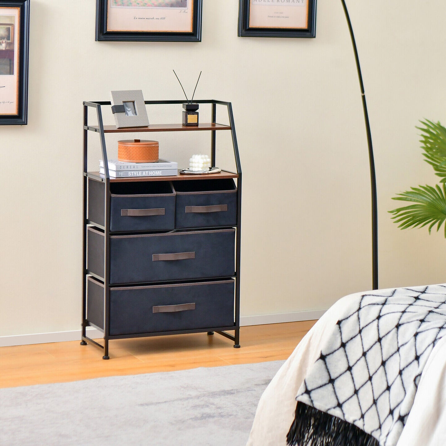 4 Drawer Fabric Dresser with Open Shelves, Rustic Storage Tower for Home