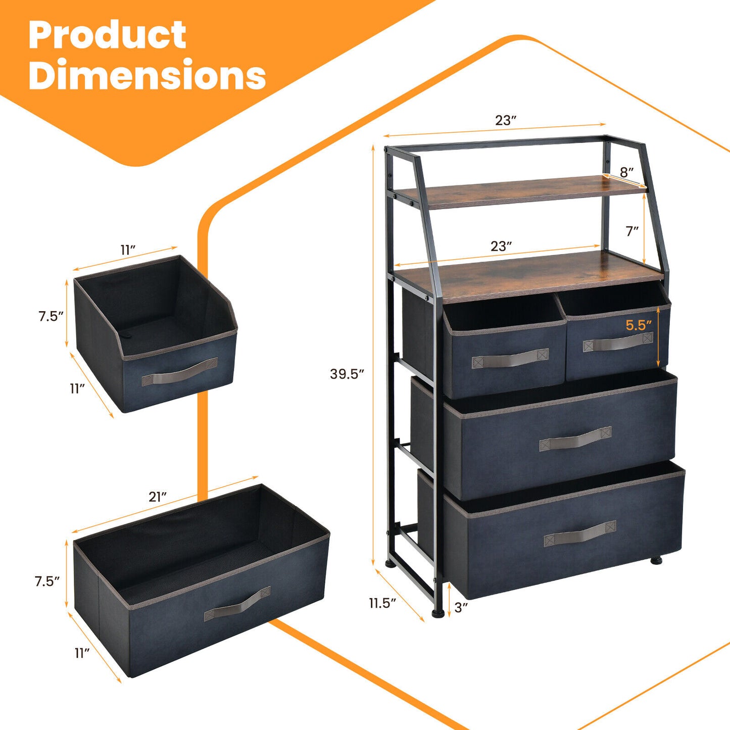 4 Drawer Fabric Dresser with Open Shelves, Rustic Storage Tower for Home