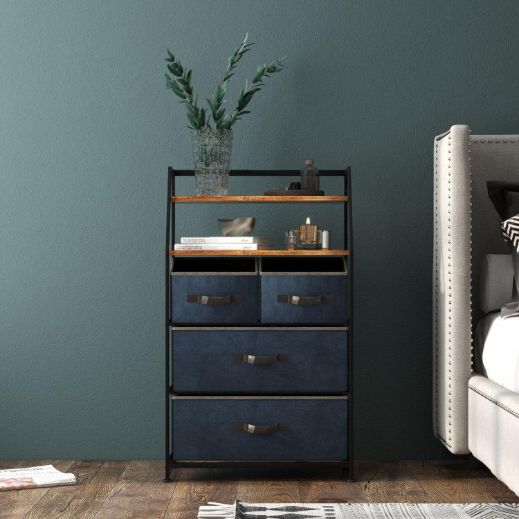 4 Drawer Fabric Dresser with Open Shelves, Rustic Storage Tower for Home
