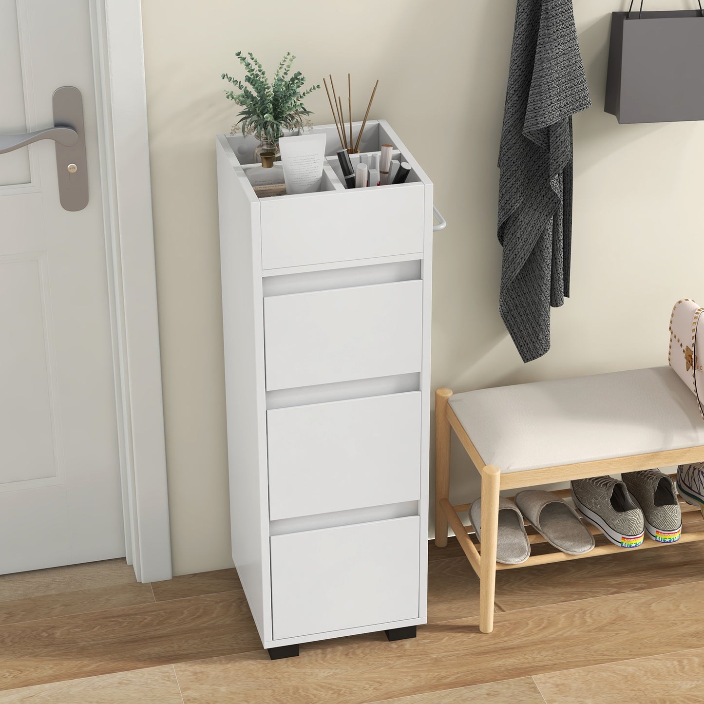 Bathroom Floor Cabinet with 3 Drawers, 4 Dividers & Towel Rack