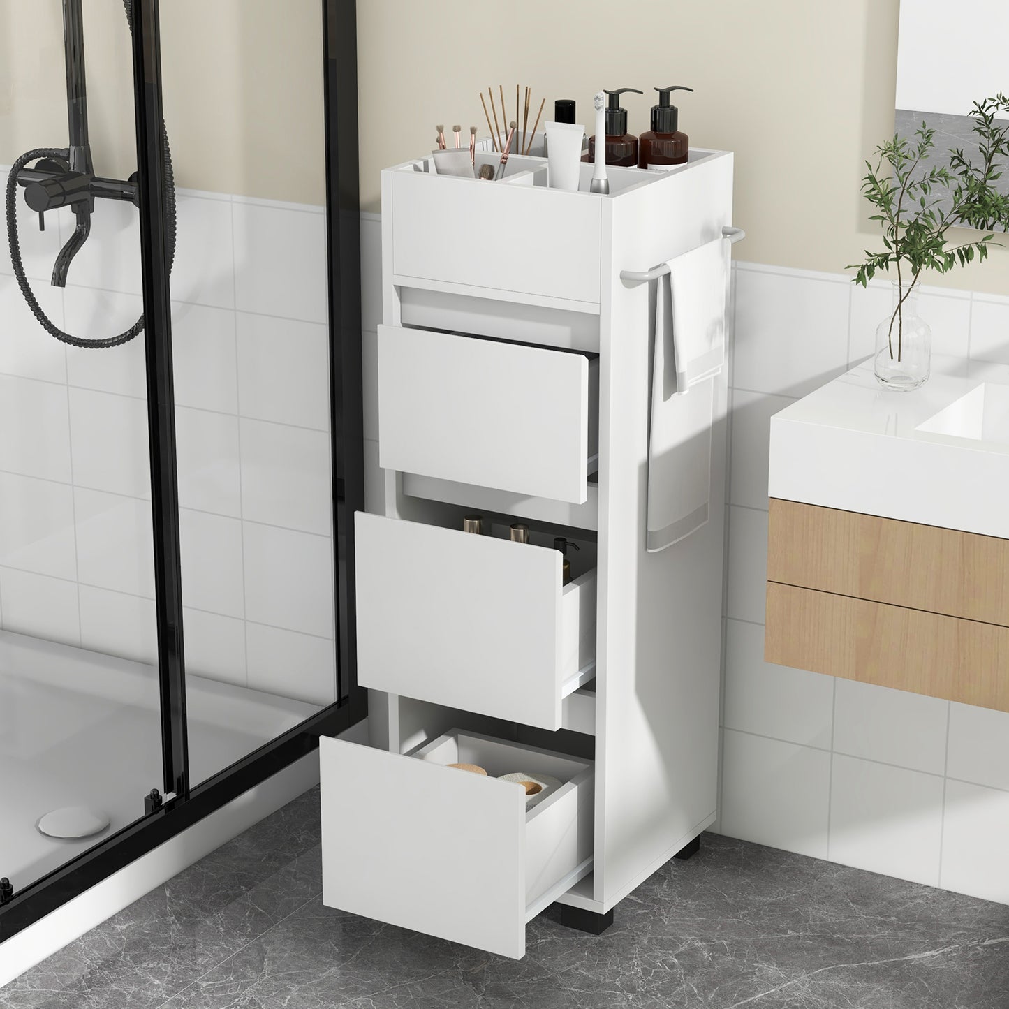 Bathroom Floor Cabinet with 3 Drawers, 4 Dividers & Towel Rack