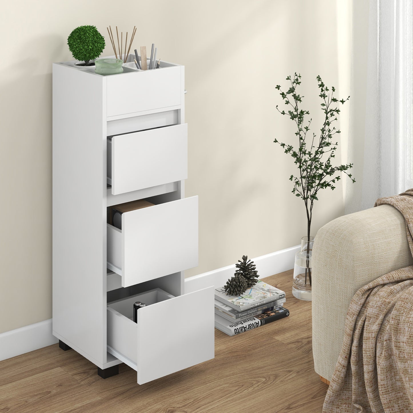 Bathroom Floor Cabinet with 3 Drawers, 4 Dividers & Towel Rack