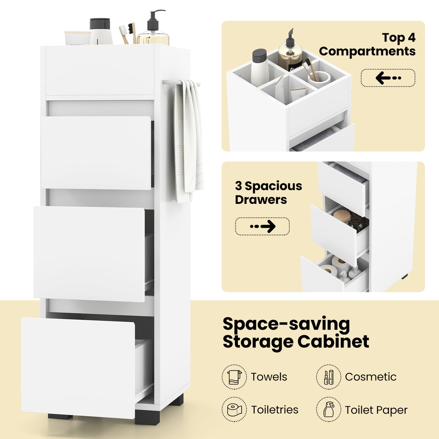 Bathroom Floor Cabinet with 3 Drawers, 4 Dividers & Towel Rack