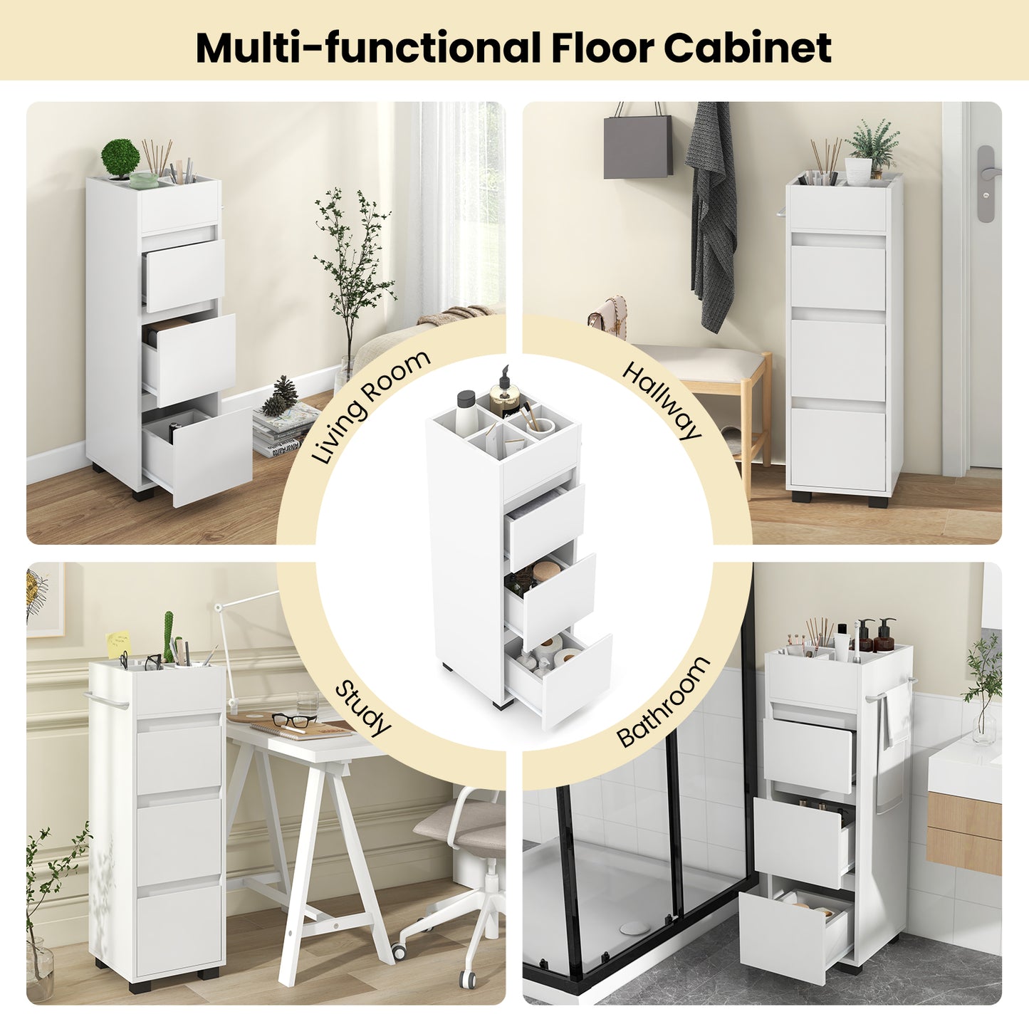 Bathroom Floor Cabinet with 3 Drawers, 4 Dividers & Towel Rack