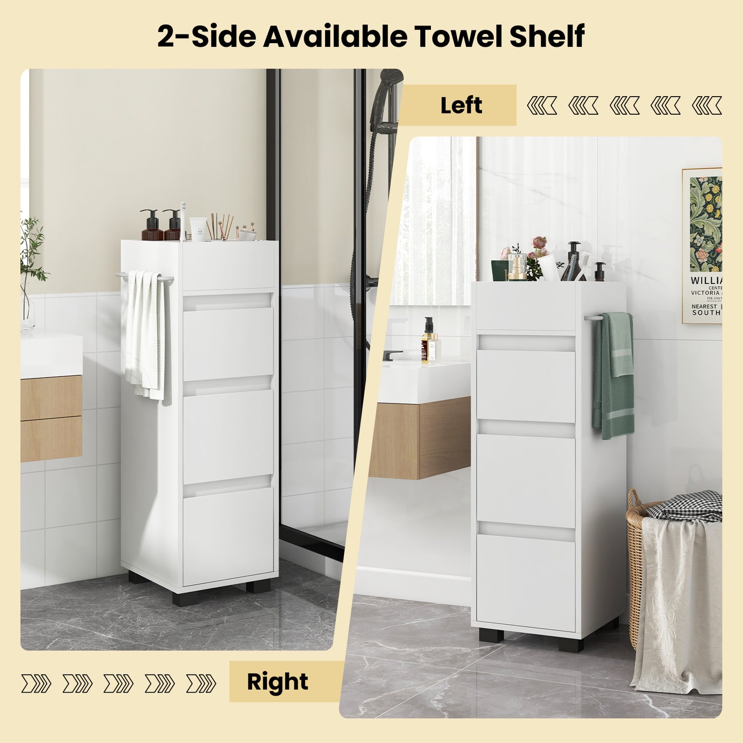 Bathroom Floor Cabinet with 3 Drawers, 4 Dividers & Towel Rack