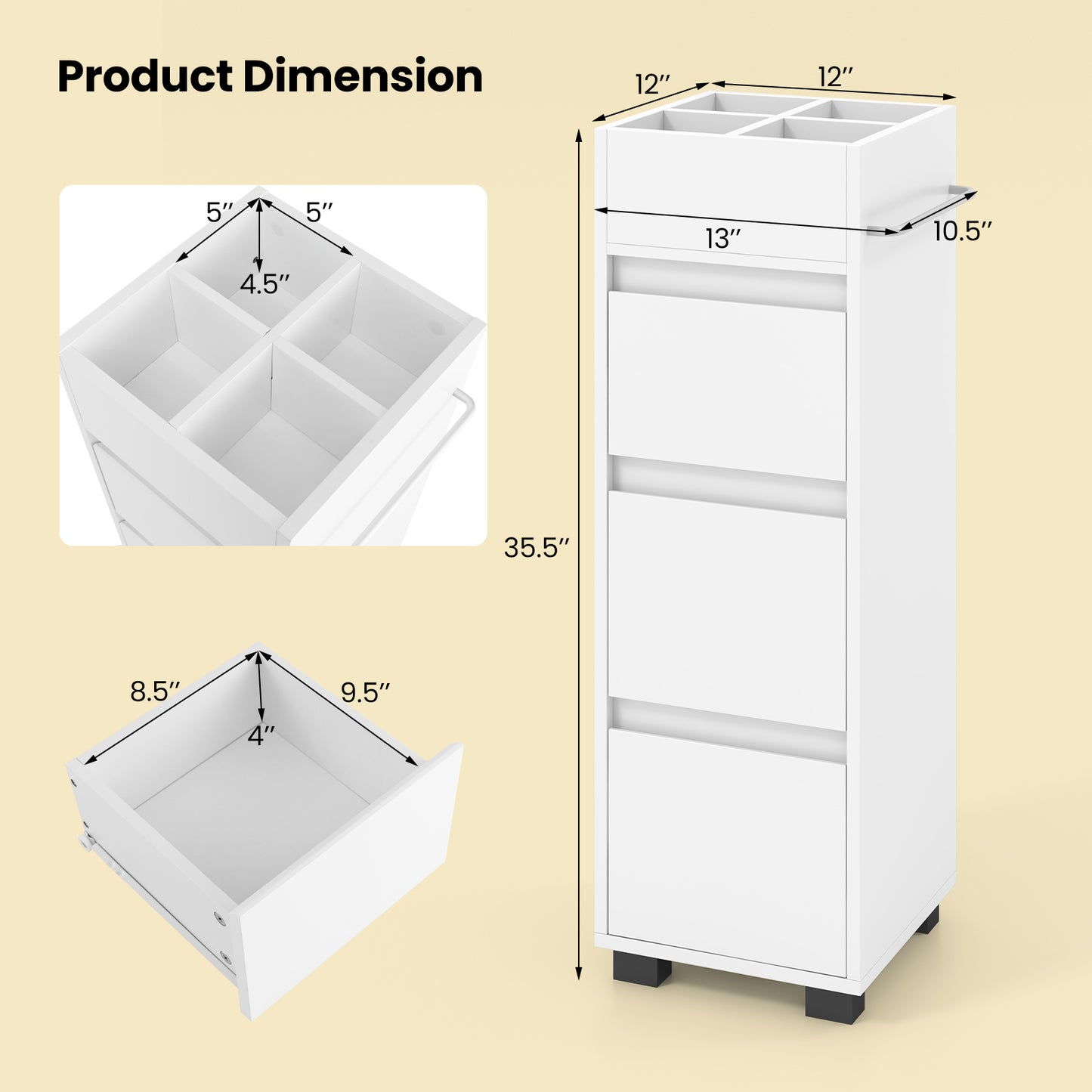 Bathroom Floor Cabinet with 3 Drawers, 4 Dividers & Towel Rack