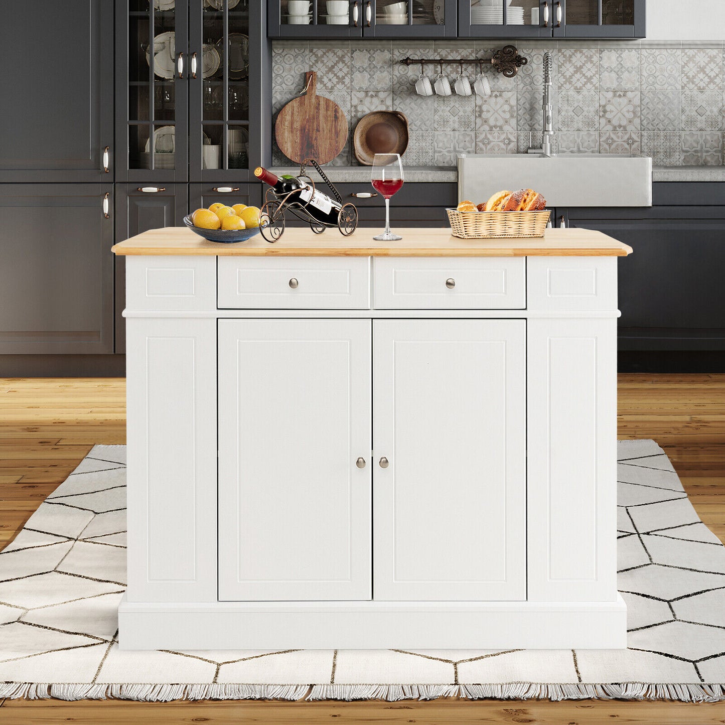 Space-Saving Kitchen Island with Storage Cabinets and Adjustable Shelves - White