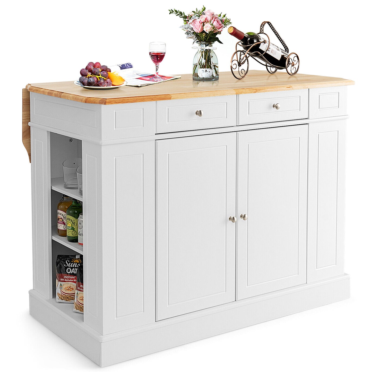 Space-Saving Kitchen Island with Storage Cabinets and Adjustable Shelves - White
