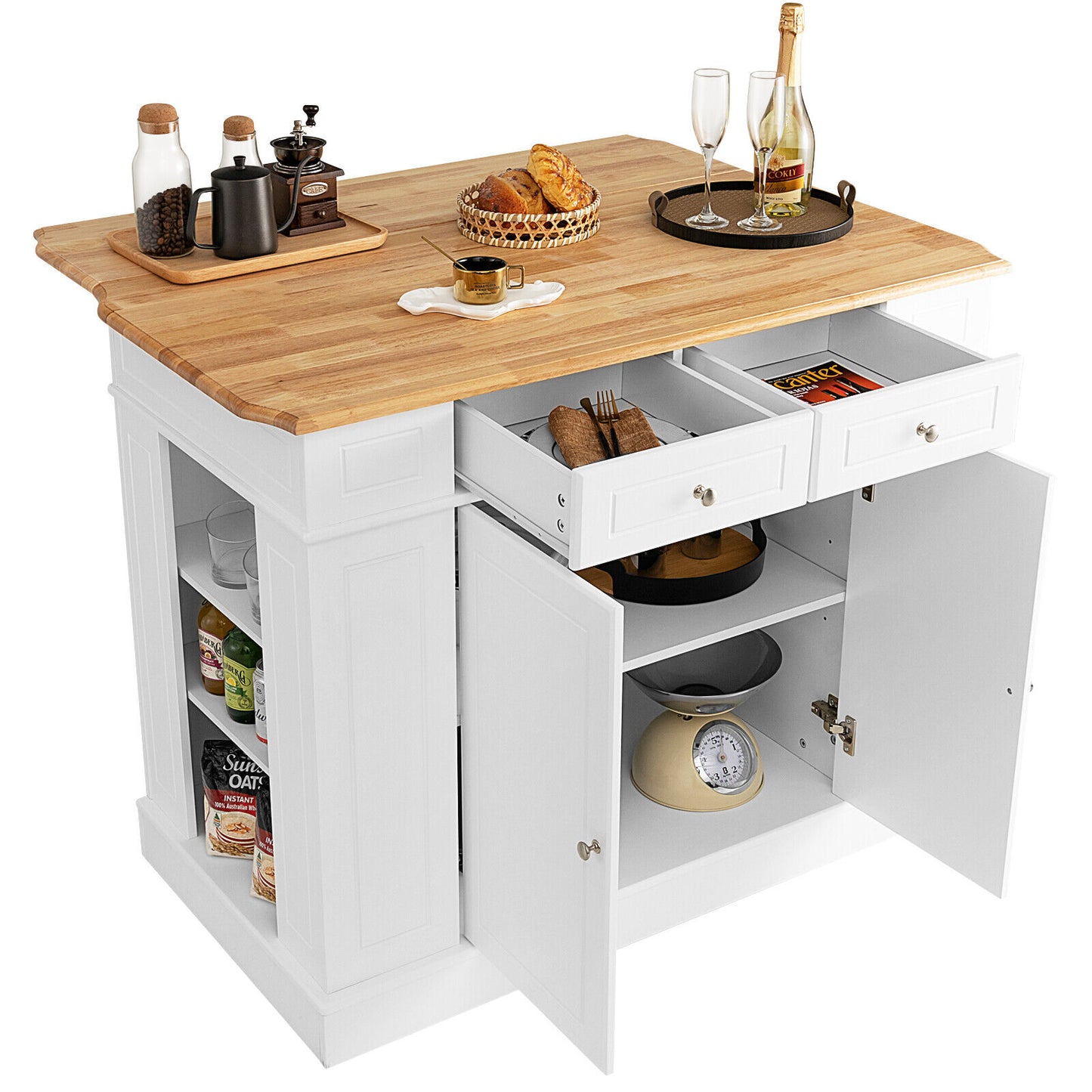 Space-Saving Kitchen Island with Storage Cabinets and Adjustable Shelves - White