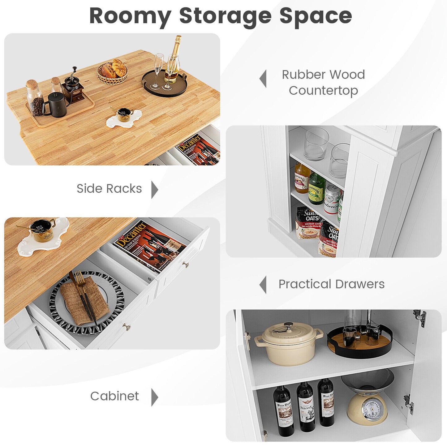 Space-Saving Kitchen Island with Storage Cabinets and Adjustable Shelves - White