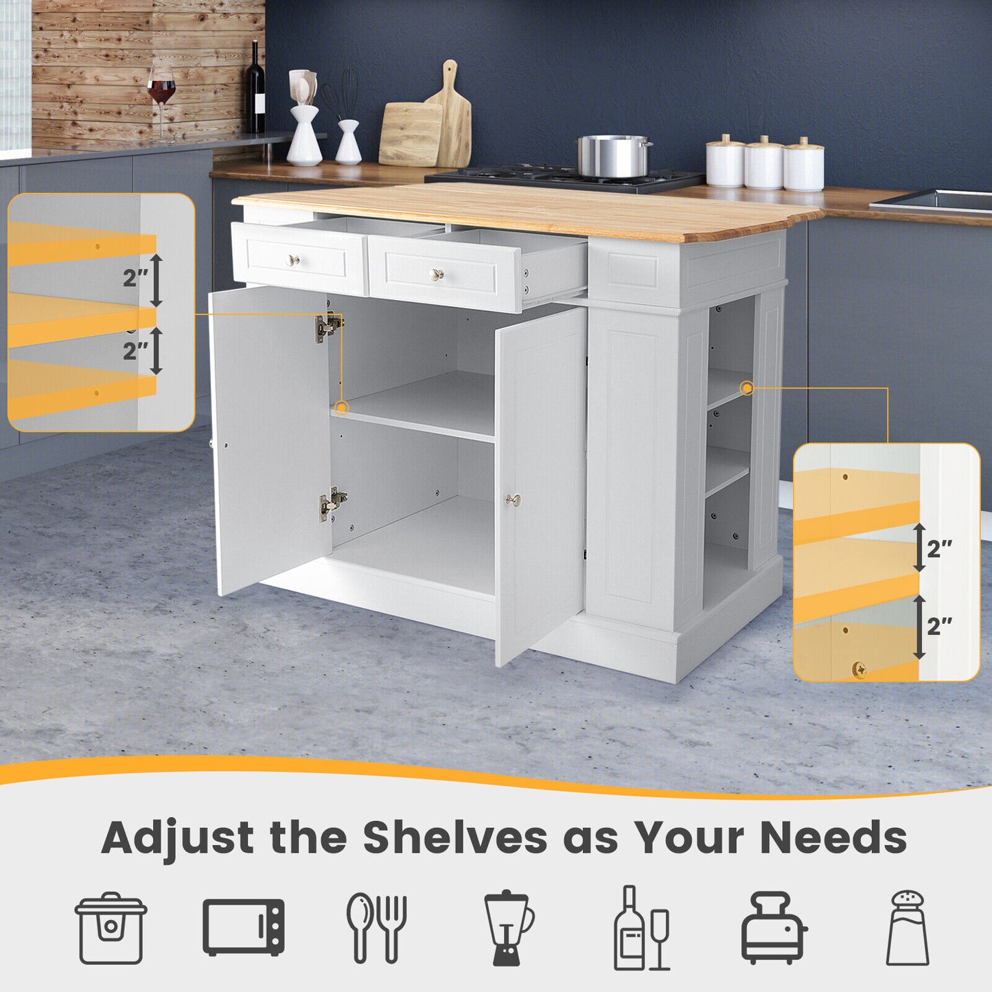 Space-Saving Kitchen Island with Storage Cabinets and Adjustable Shelves - White