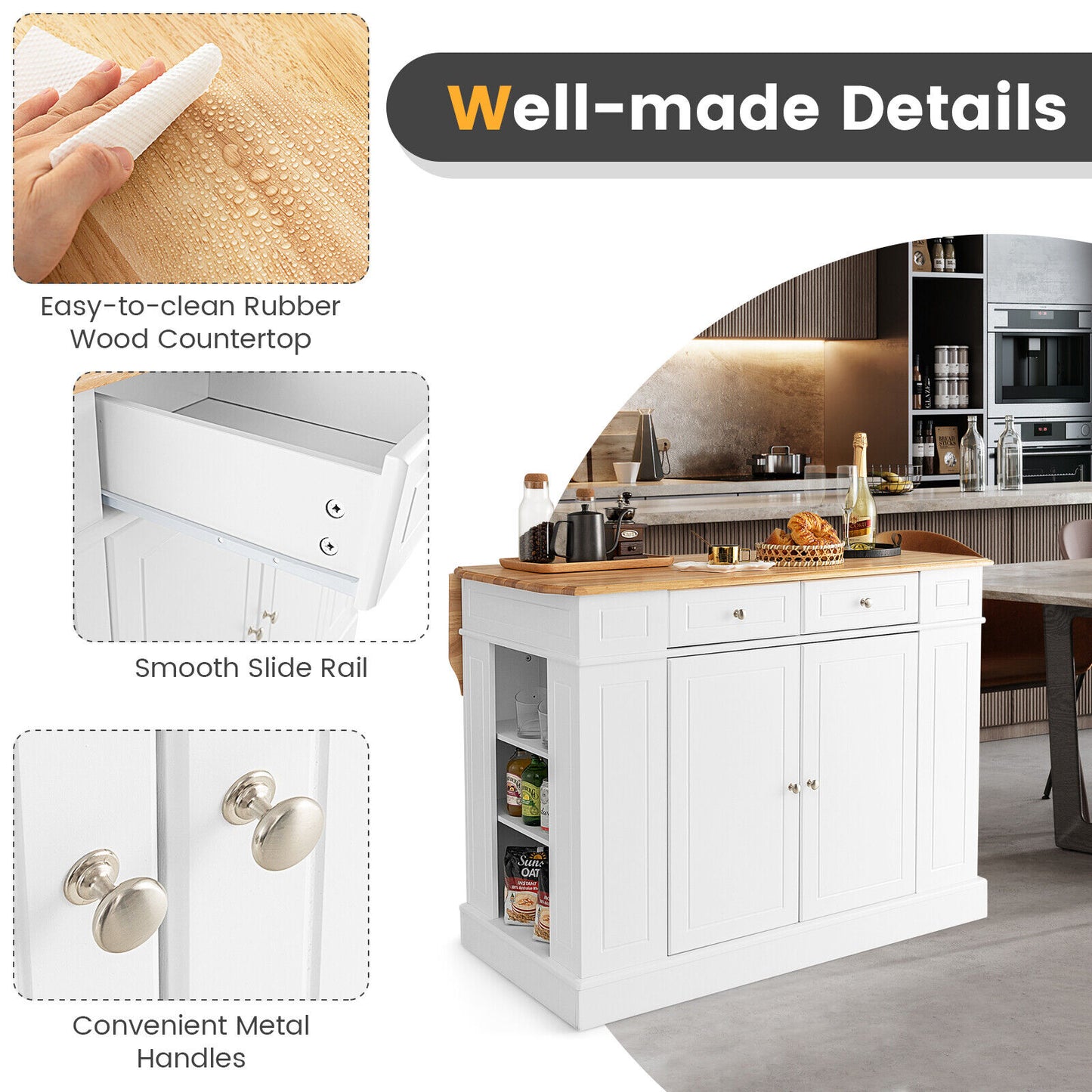 Space-Saving Kitchen Island with Storage Cabinets and Adjustable Shelves - White