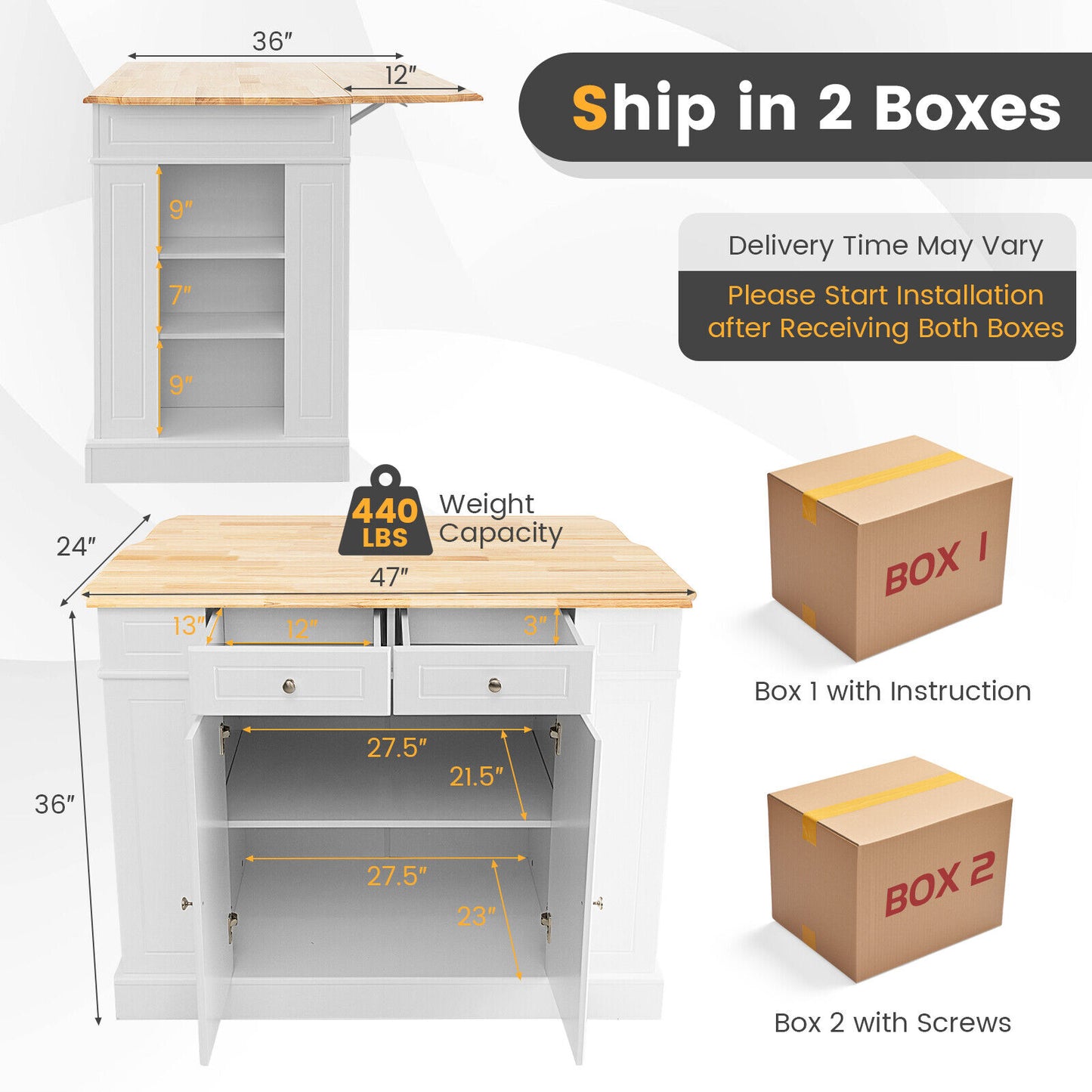 Space-Saving Kitchen Island with Storage Cabinets and Adjustable Shelves - White