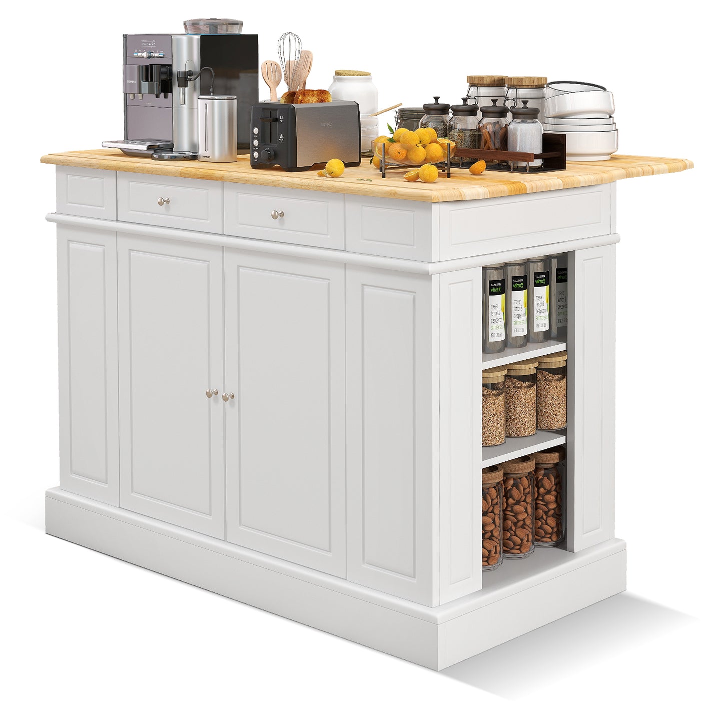 Space-Saving Kitchen Island with Storage Cabinets and Adjustable Shelves - White