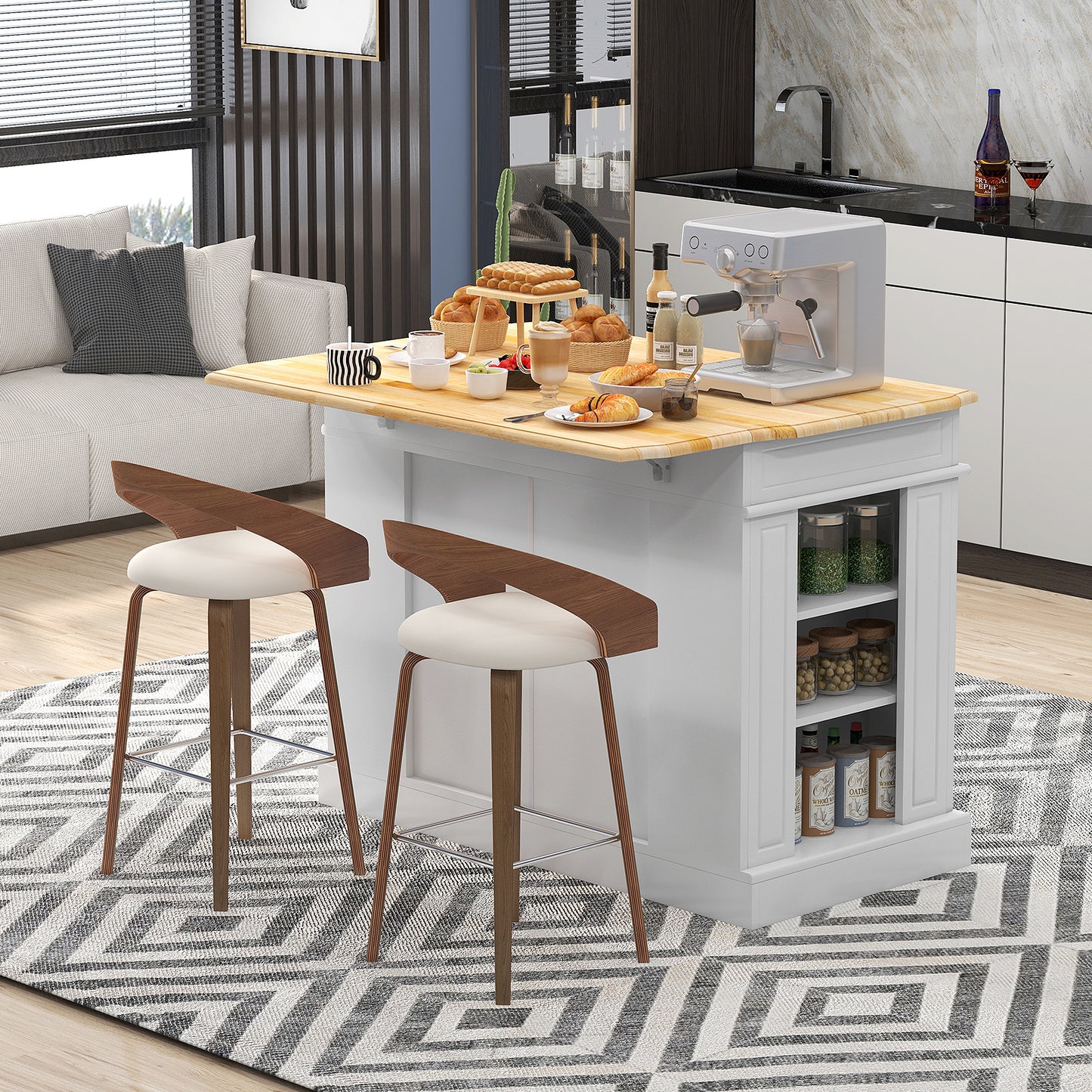 Space-Saving Kitchen Island with Storage Cabinets and Adjustable Shelves - White