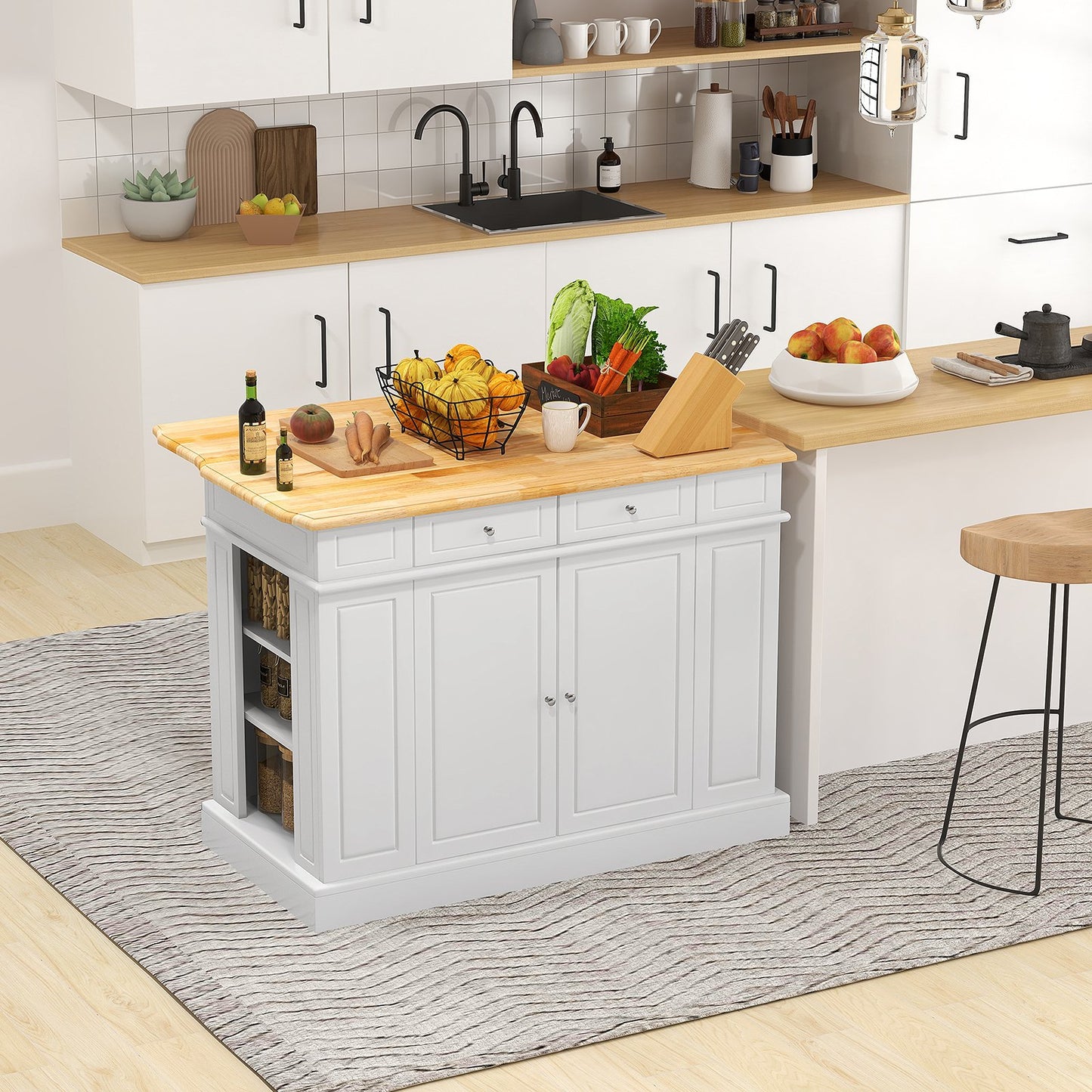 Space-Saving Kitchen Island with Storage Cabinets and Adjustable Shelves - White