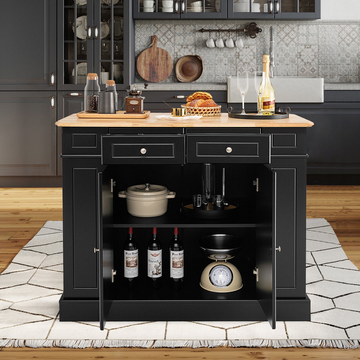 Space-Saving Kitchen Island with Storage Cabinets and Adjustable Shelves - Black