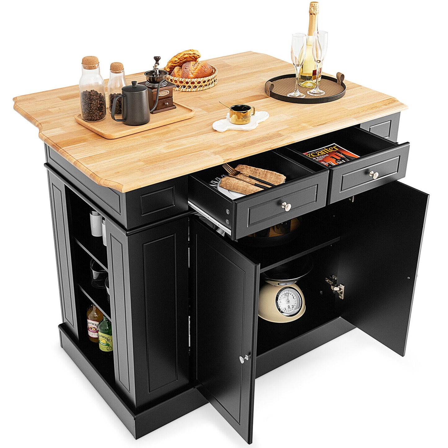 Space-Saving Kitchen Island with Storage Cabinets and Adjustable Shelves - Black