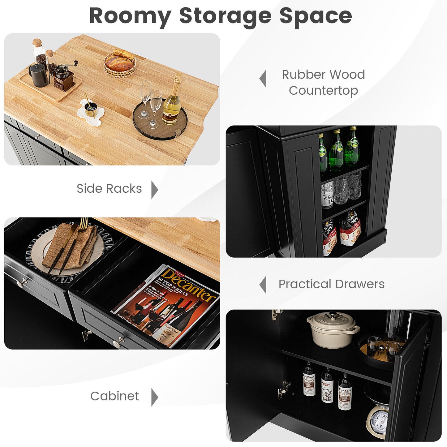 Space-Saving Kitchen Island with Storage Cabinets and Adjustable Shelves - Black