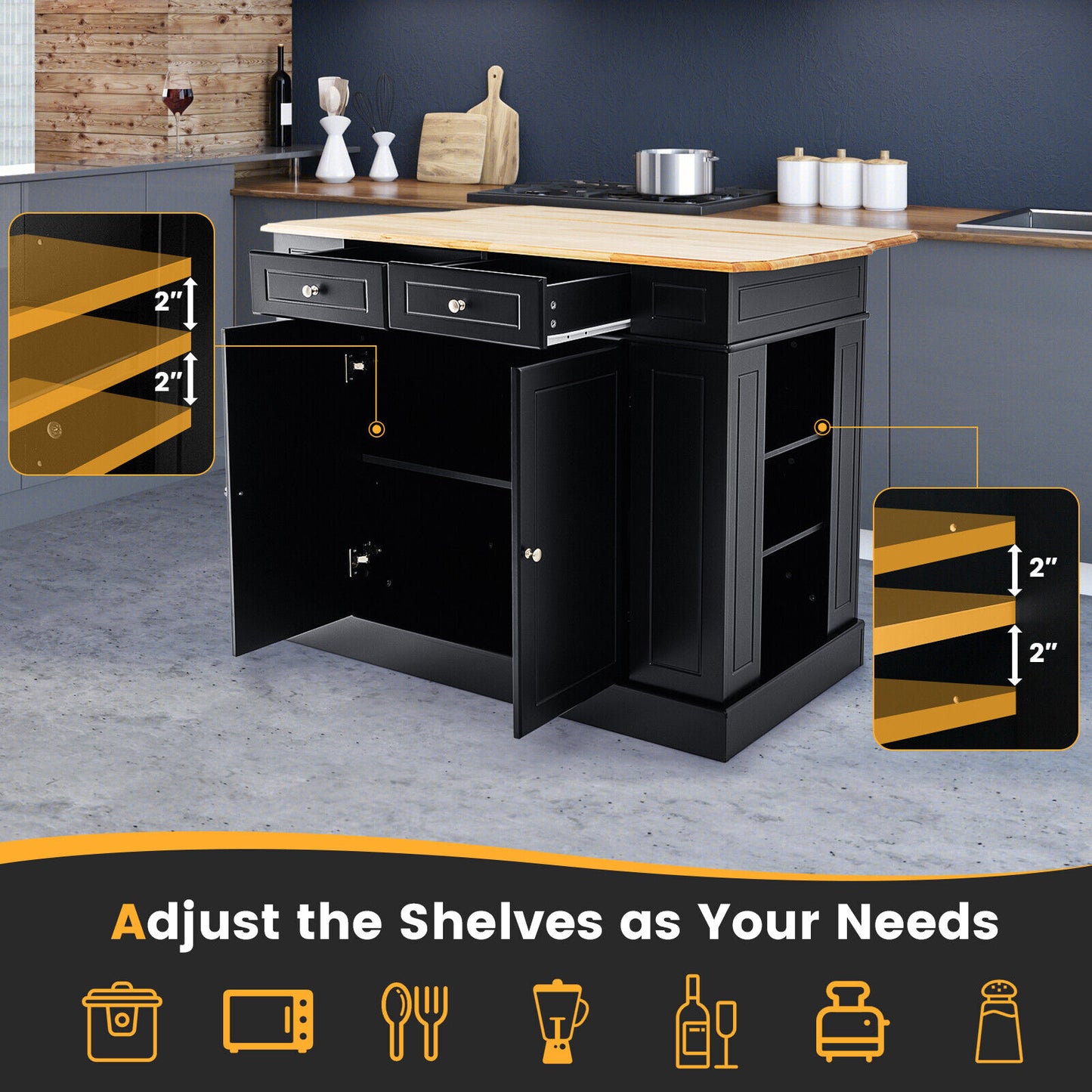 Space-Saving Kitchen Island with Storage Cabinets and Adjustable Shelves - Black