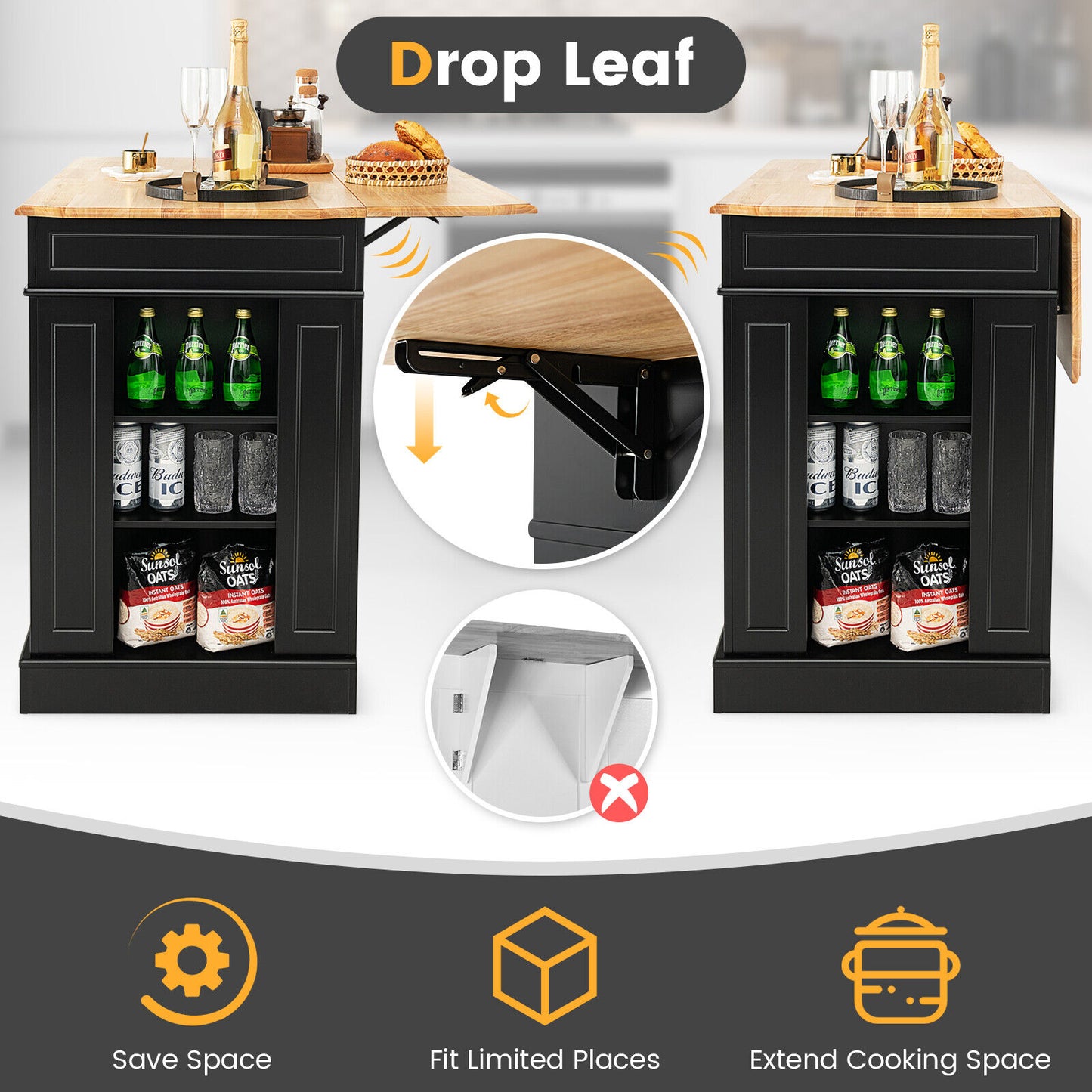 Space-Saving Kitchen Island with Storage Cabinets and Adjustable Shelves - Black
