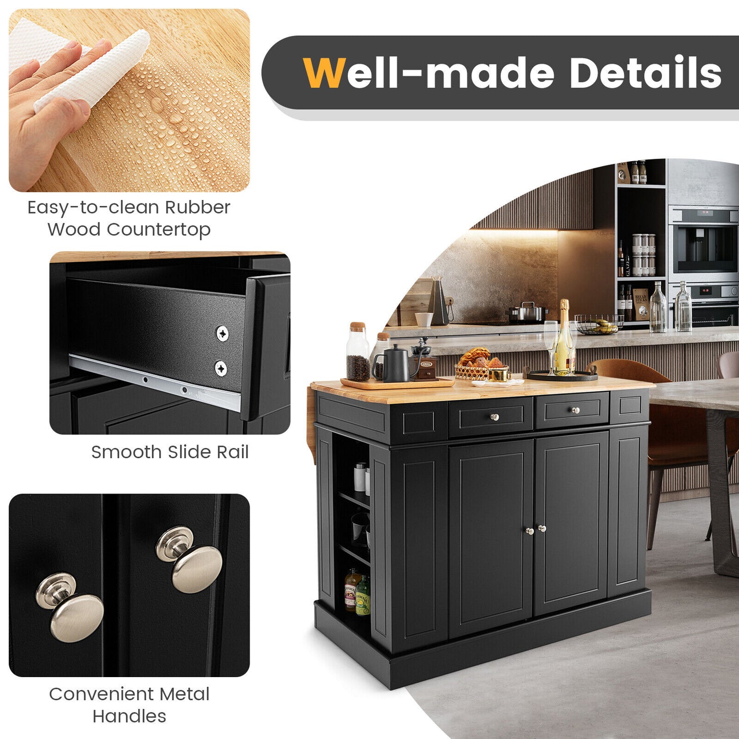 Space-Saving Kitchen Island with Storage Cabinets and Adjustable Shelves - Black
