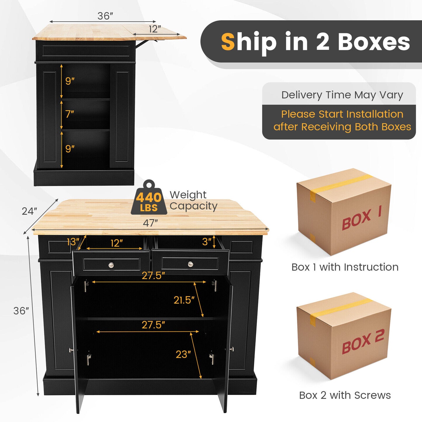 Space-Saving Kitchen Island with Storage Cabinets and Adjustable Shelves - Black