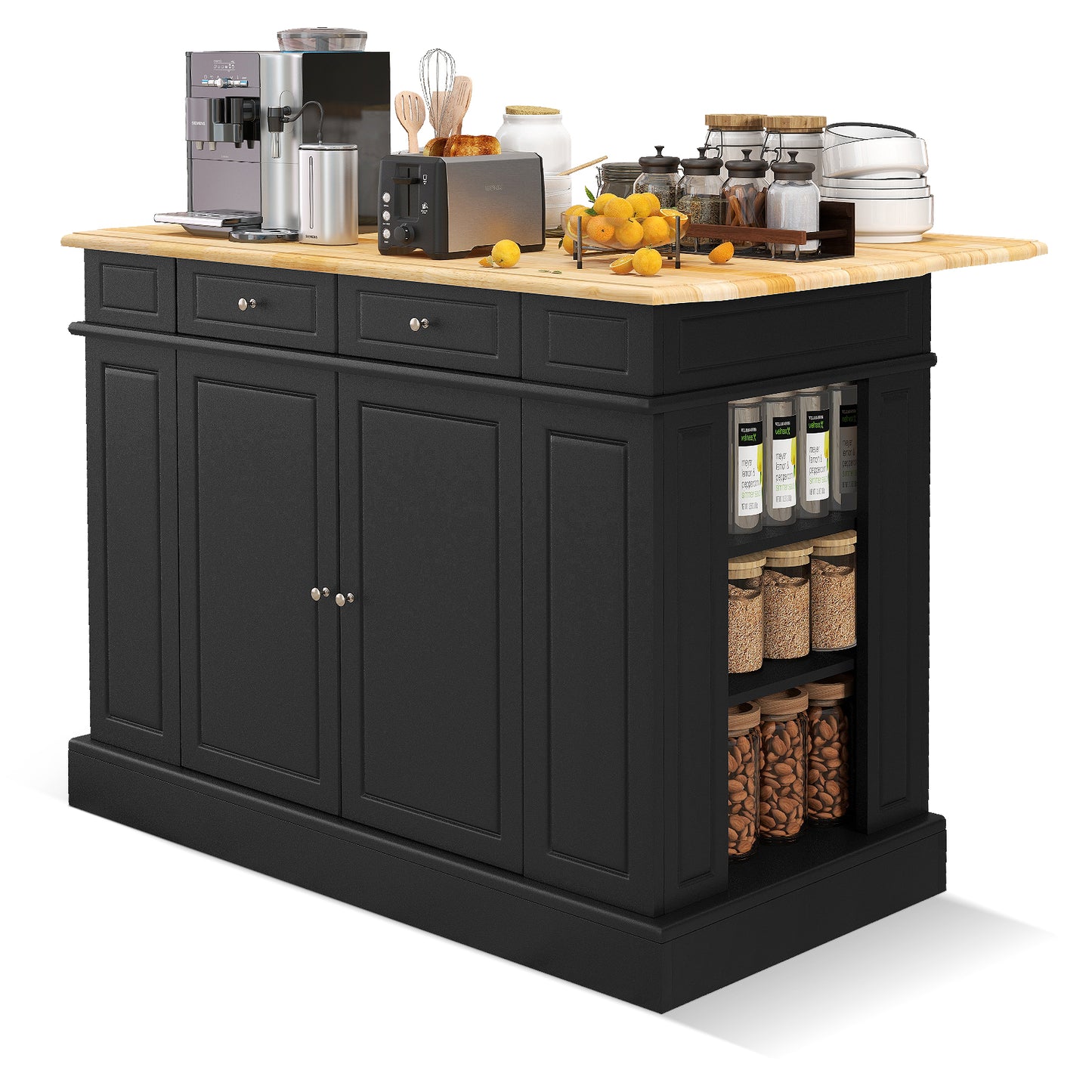 Space-Saving Kitchen Island with Storage Cabinets and Adjustable Shelves - Black