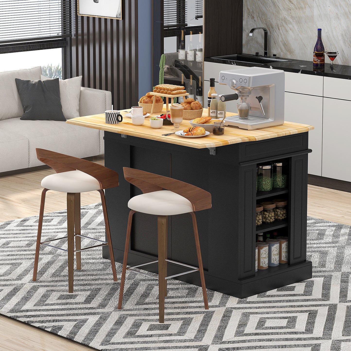 Space-Saving Kitchen Island with Storage Cabinets and Adjustable Shelves - Black