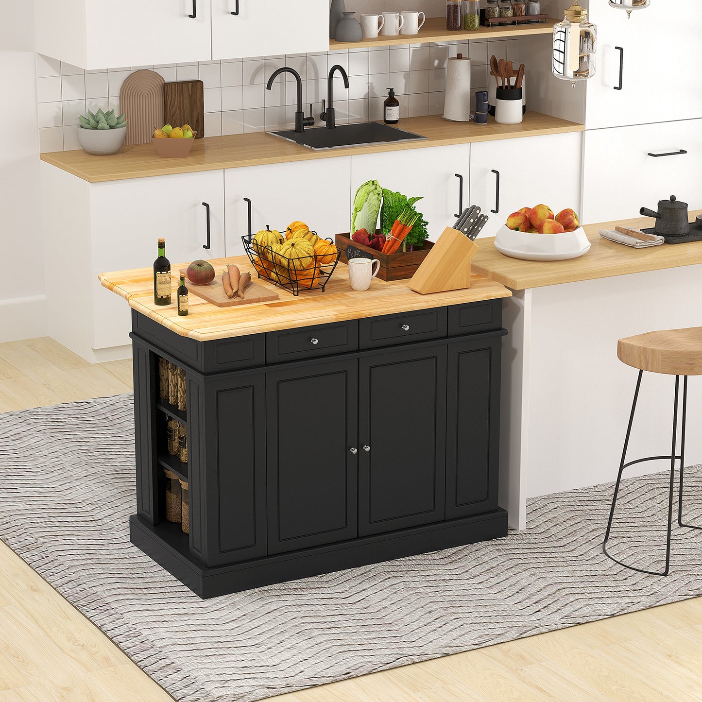 Space-Saving Kitchen Island with Storage Cabinets and Adjustable Shelves - Black