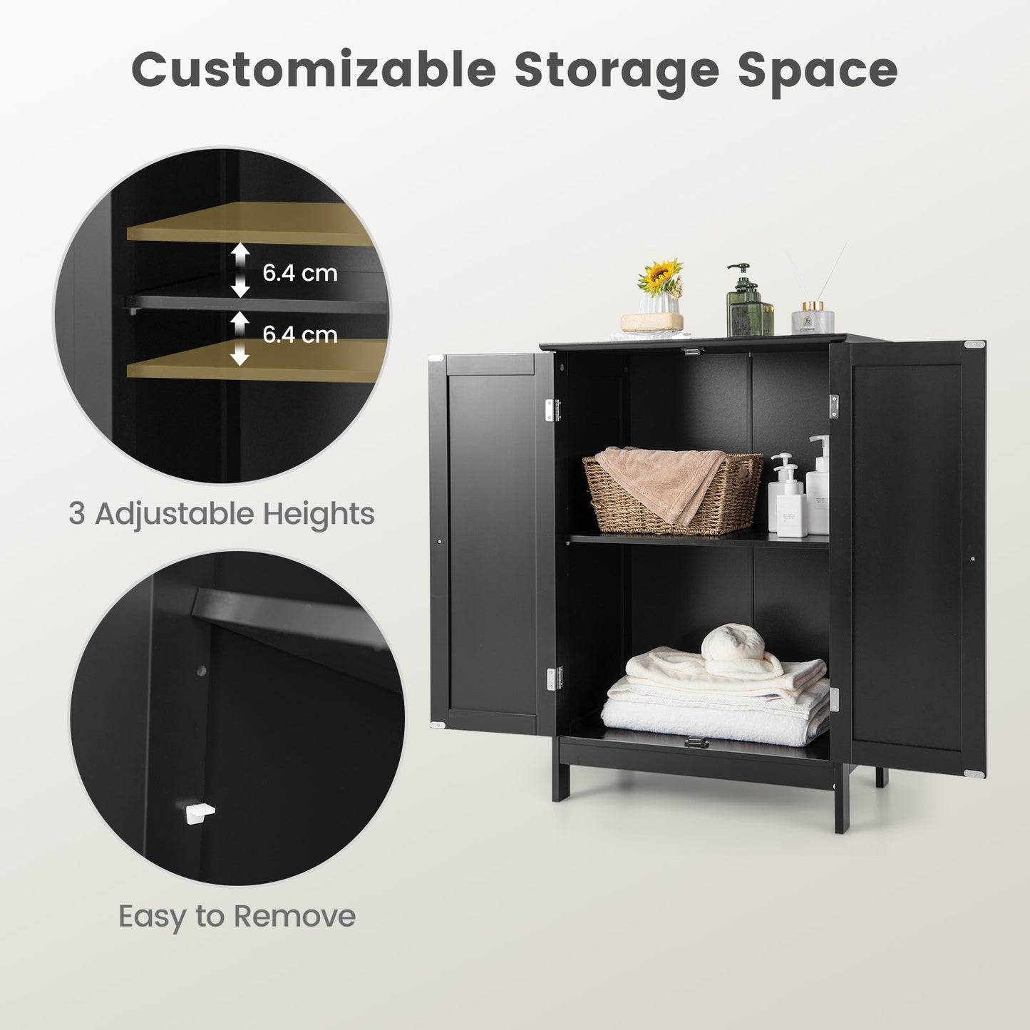 Modern Bathroom Floor Storage Cabinet with Double Doors & Adjustable Shelves