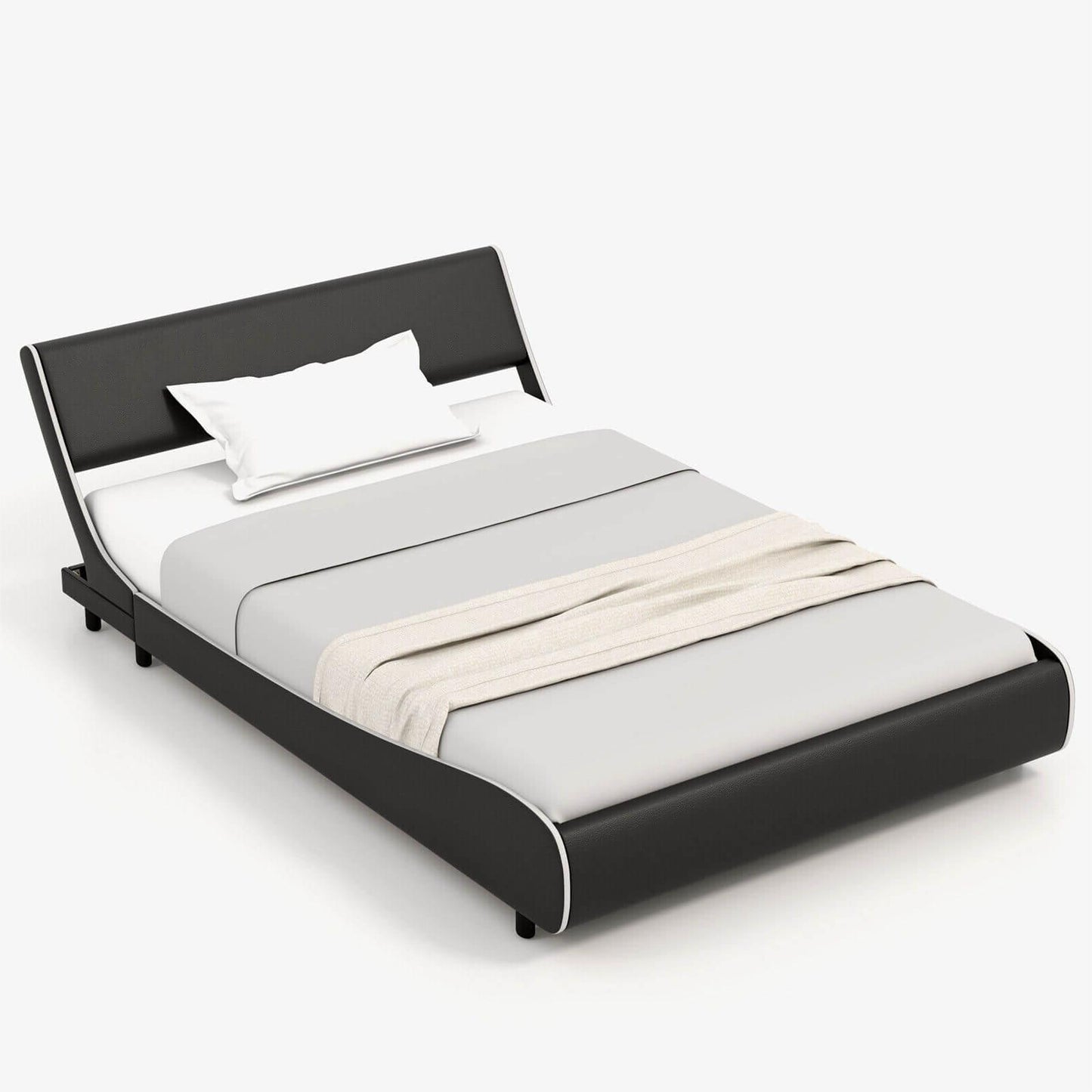 Low Profile Upholstered Faux Leather Platform Bed with Curved Headboard – Full Size